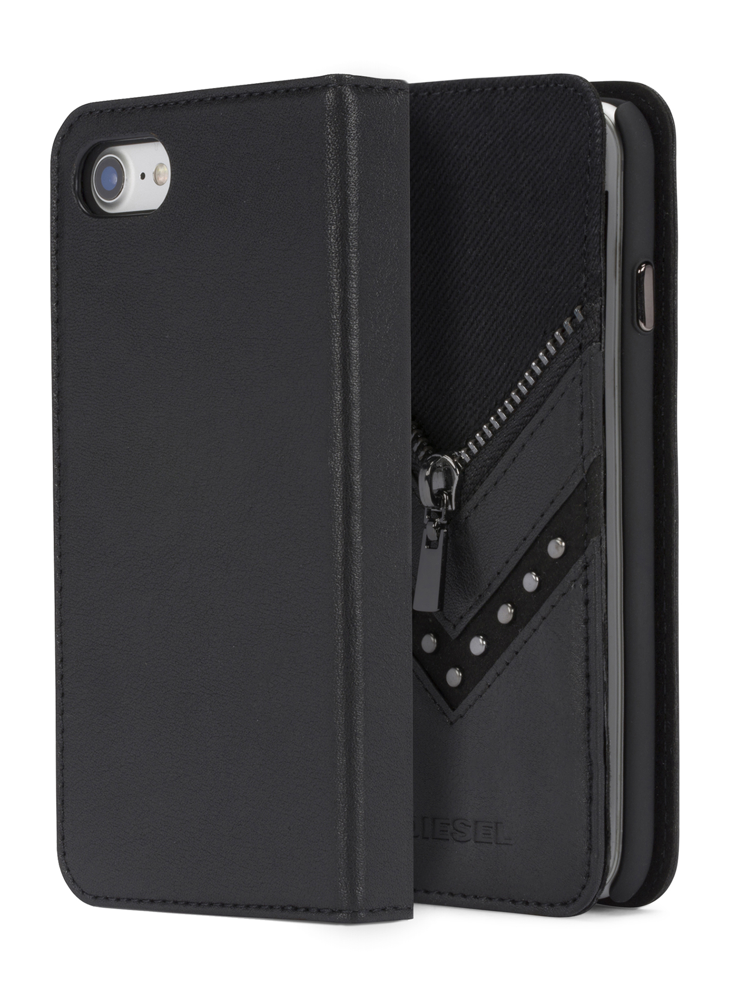 BLACK DENIM/STUD/ZIPPER IPHONE 8 PLUS/7 PLUS  FOLIO, Black