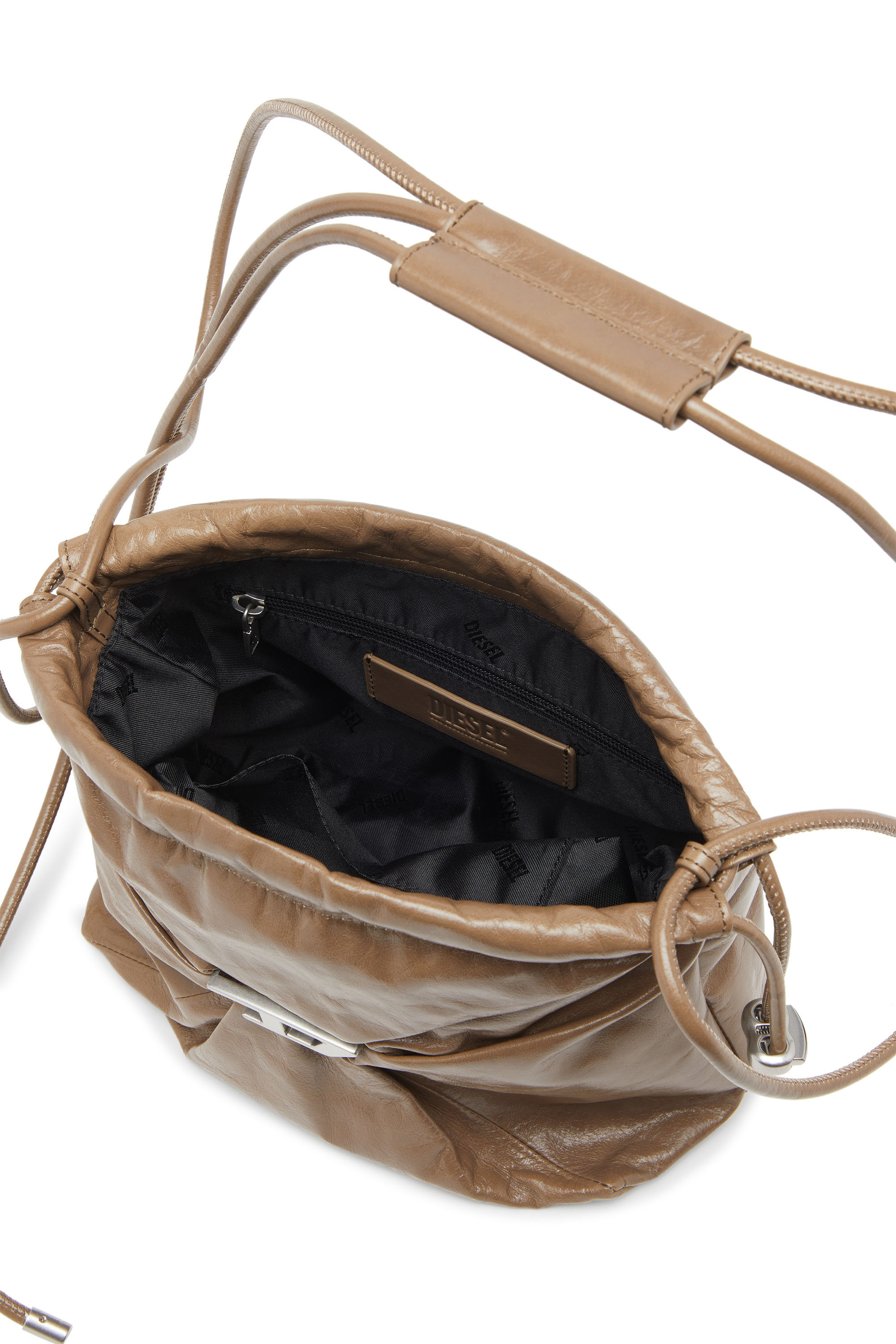 Diesel - SCRUNCH-D BUCKET, Woman's Scrunch-D-Bucket bag in shiny wrinkled leather in Light Brown - 4