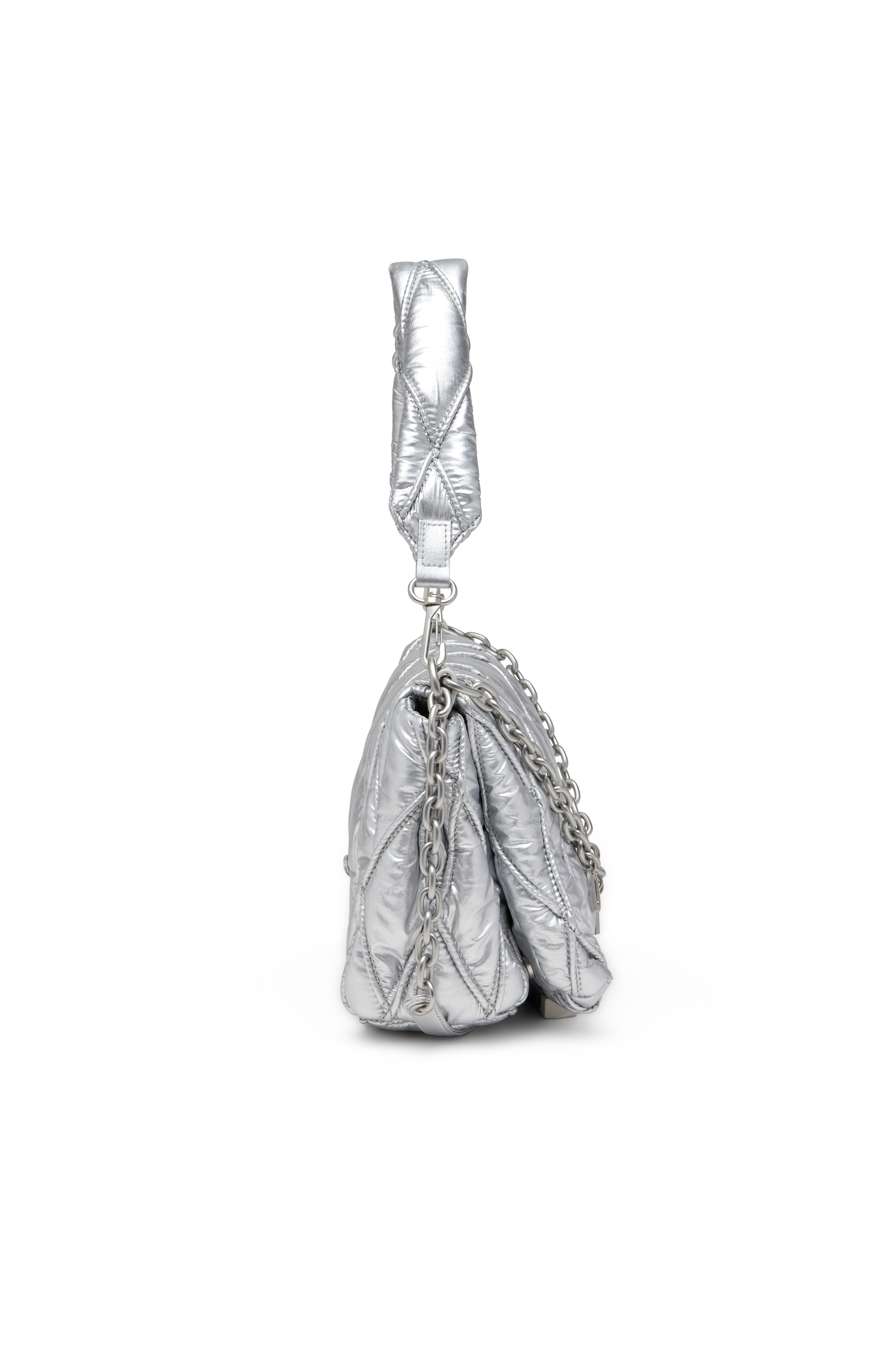 Diesel - CHARM-D SHOULDER M, Woman's Shoulder bag in quilted metallic nylon in Silver - 3