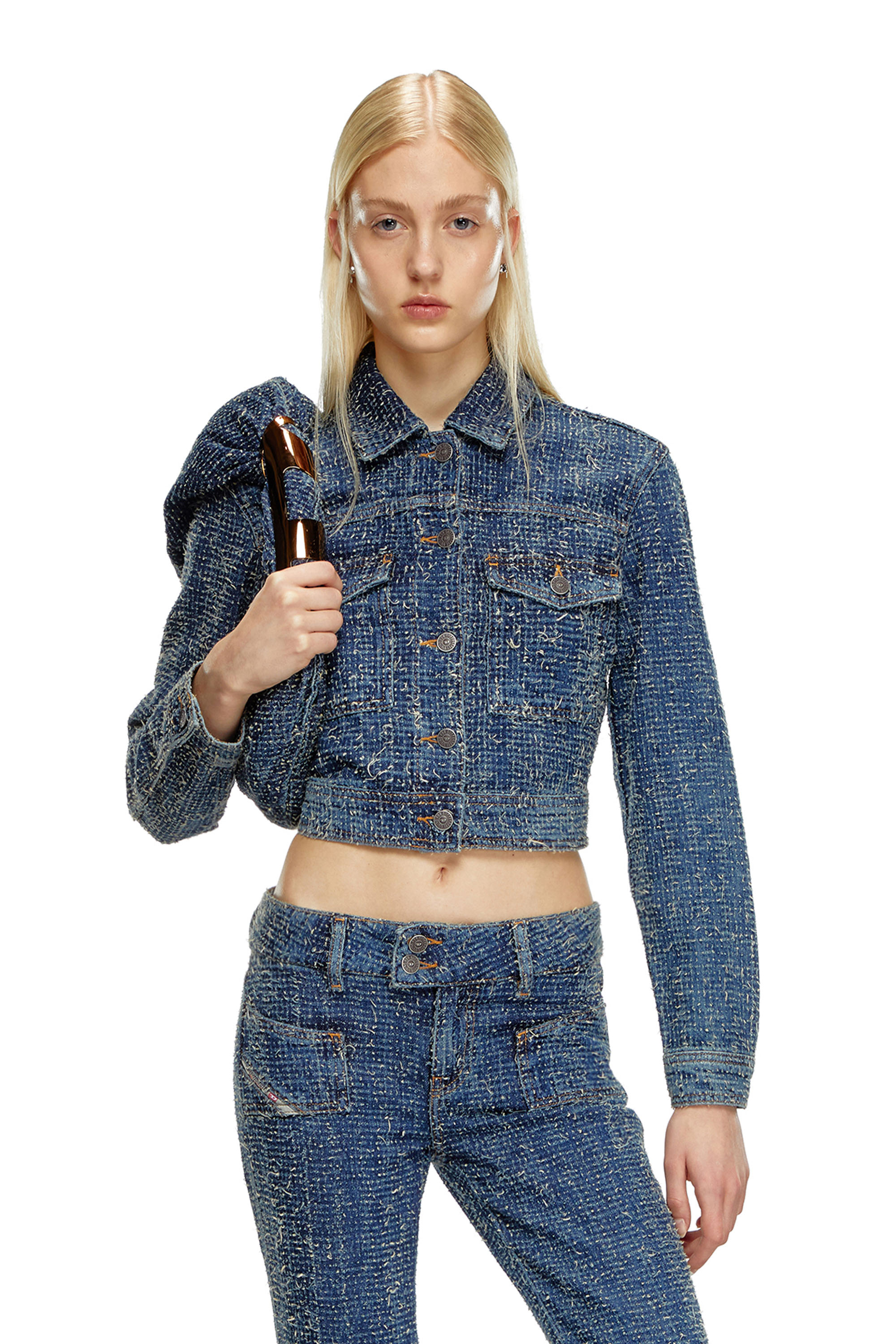 Diesel - DE-ATEL-S, Woman's Cropped jacket in bouclé denim in Medium blue - 1