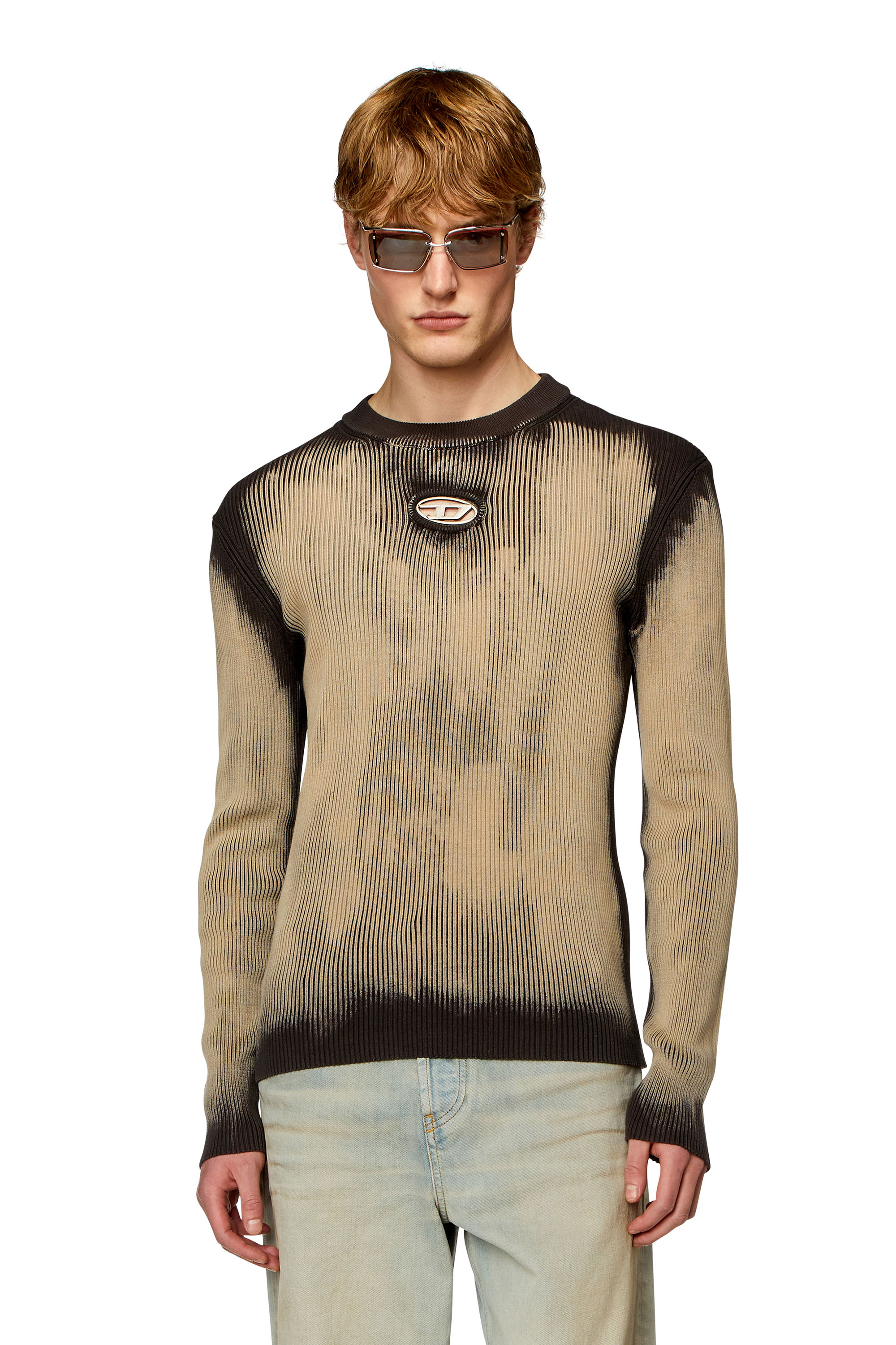 Diesel - K-DARIN, Man's Treated jumper with metal logo insert in Beige - 1