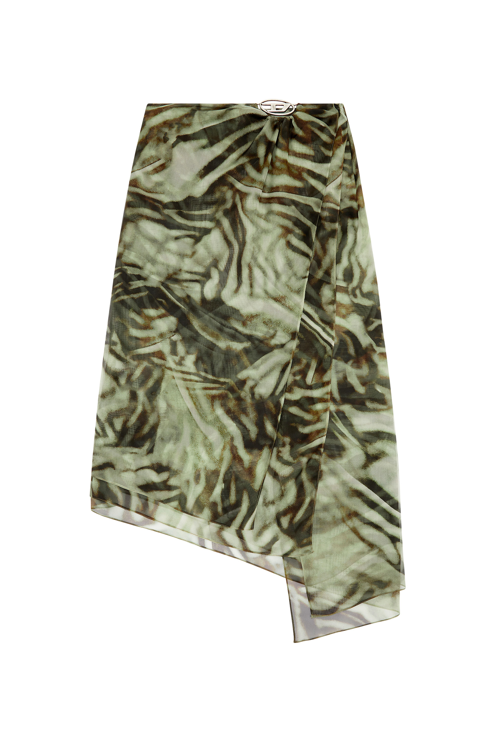 Diesel - O-STENT, Woman's Asymmetric midi skirt in camo chiffon in Military Green - 3