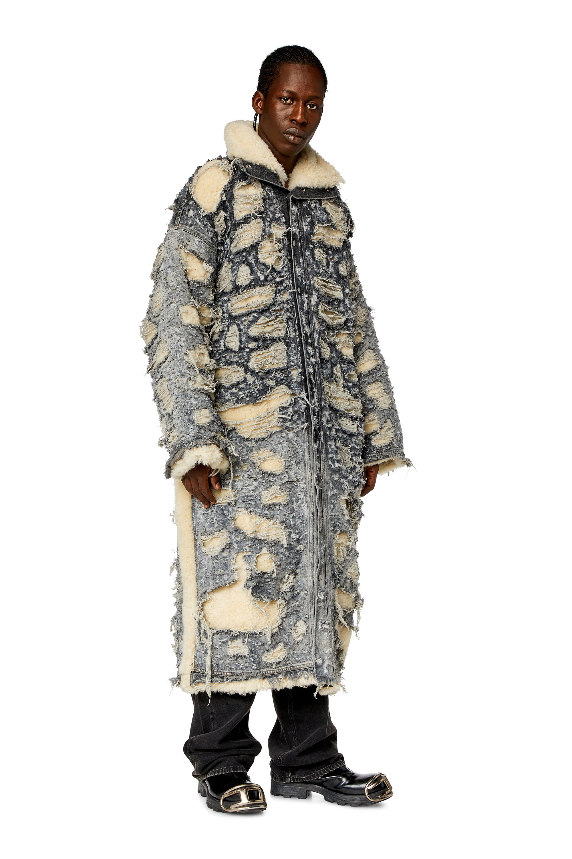 Diesel - L-CEE, Man's Distressed denim and shearling coat in Black - 1