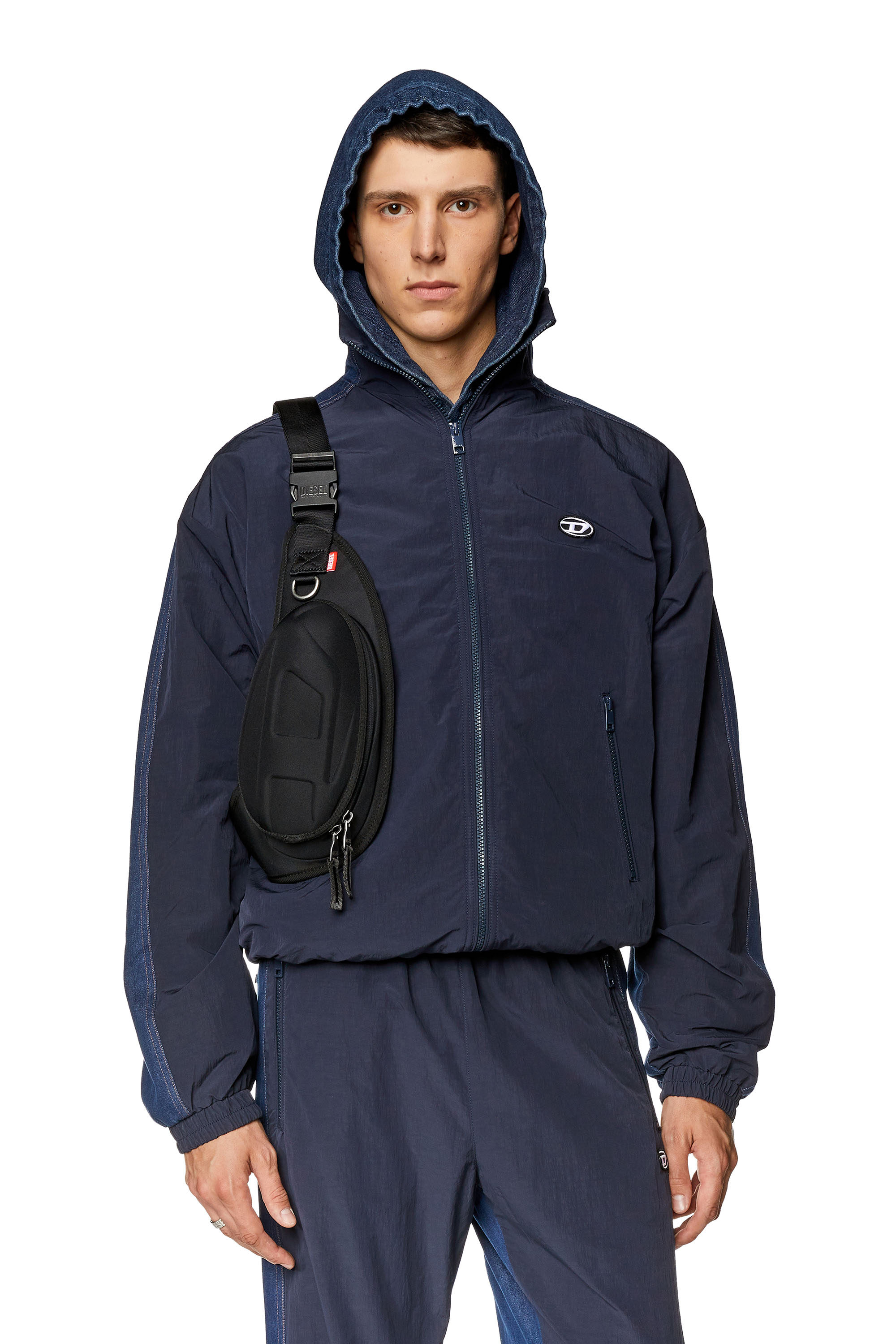 Diesel - J-BRIGHT, Man's Track jacket in wrinkled nylon and denim in Blue - 1