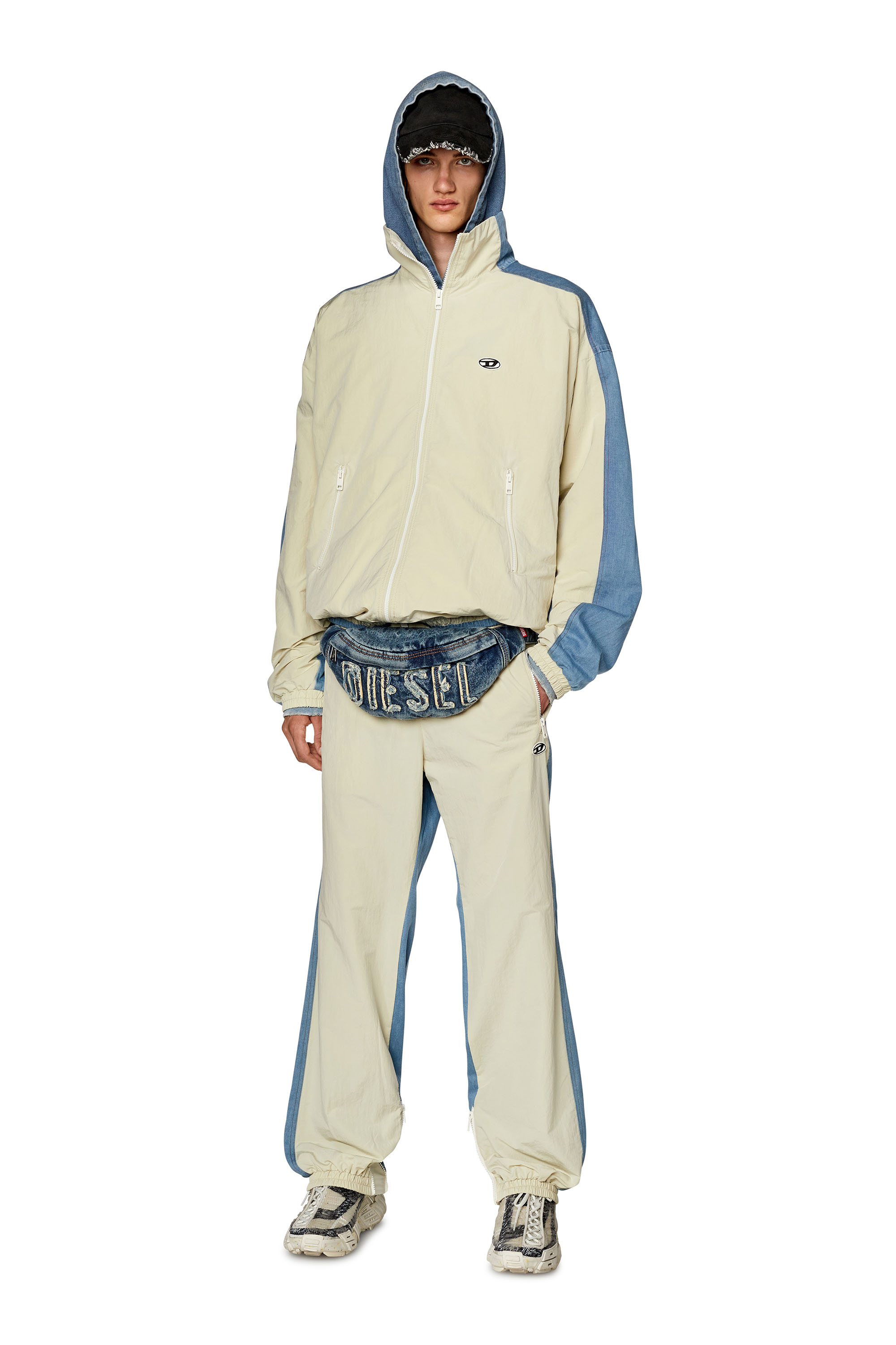 Diesel - J-BRIGHT, Man's Track jacket in wrinkled nylon and denim in Blue/White - 2