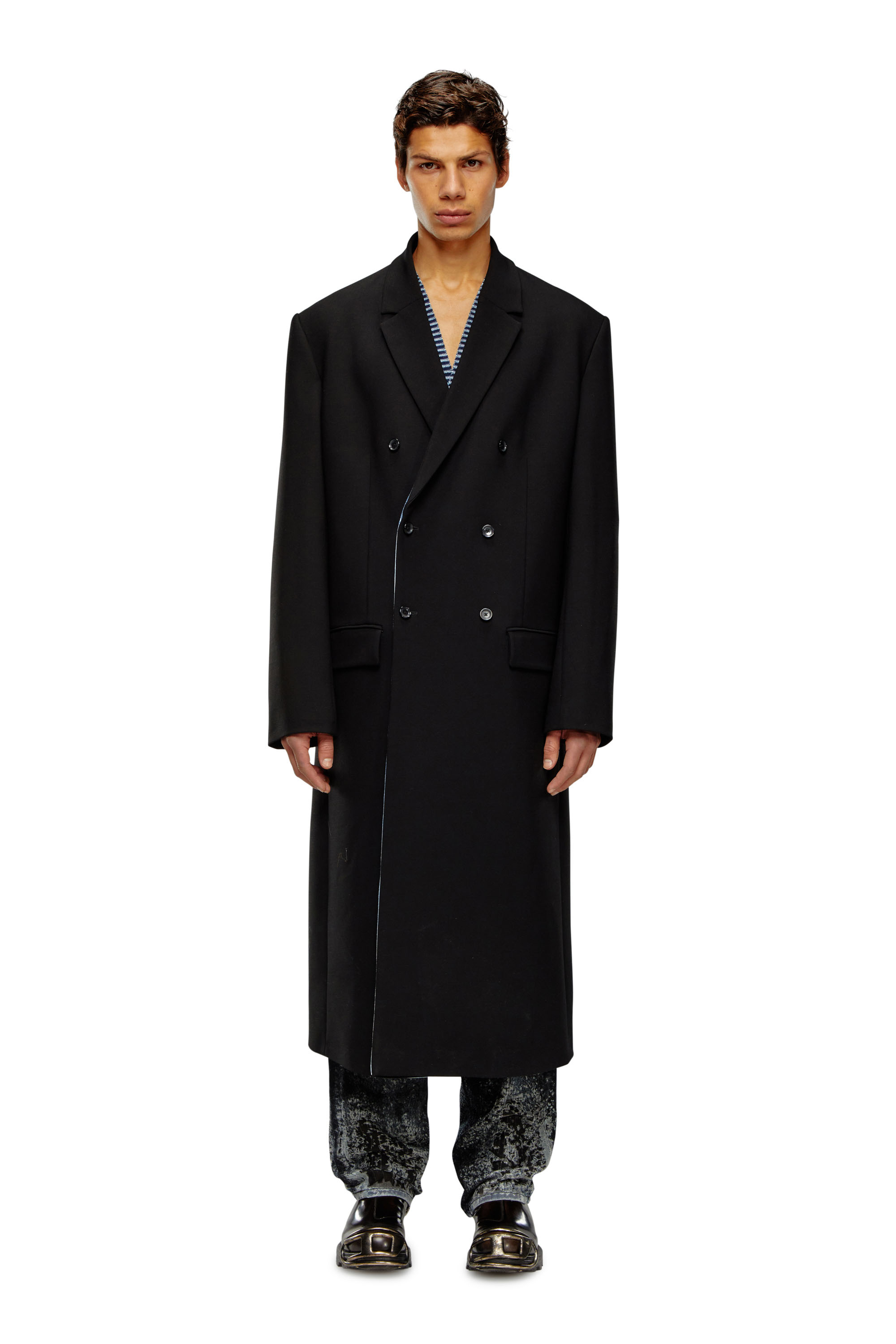 Diesel - J-RITZ, Man's Longline cool wool coat in denim detail in Black - 2