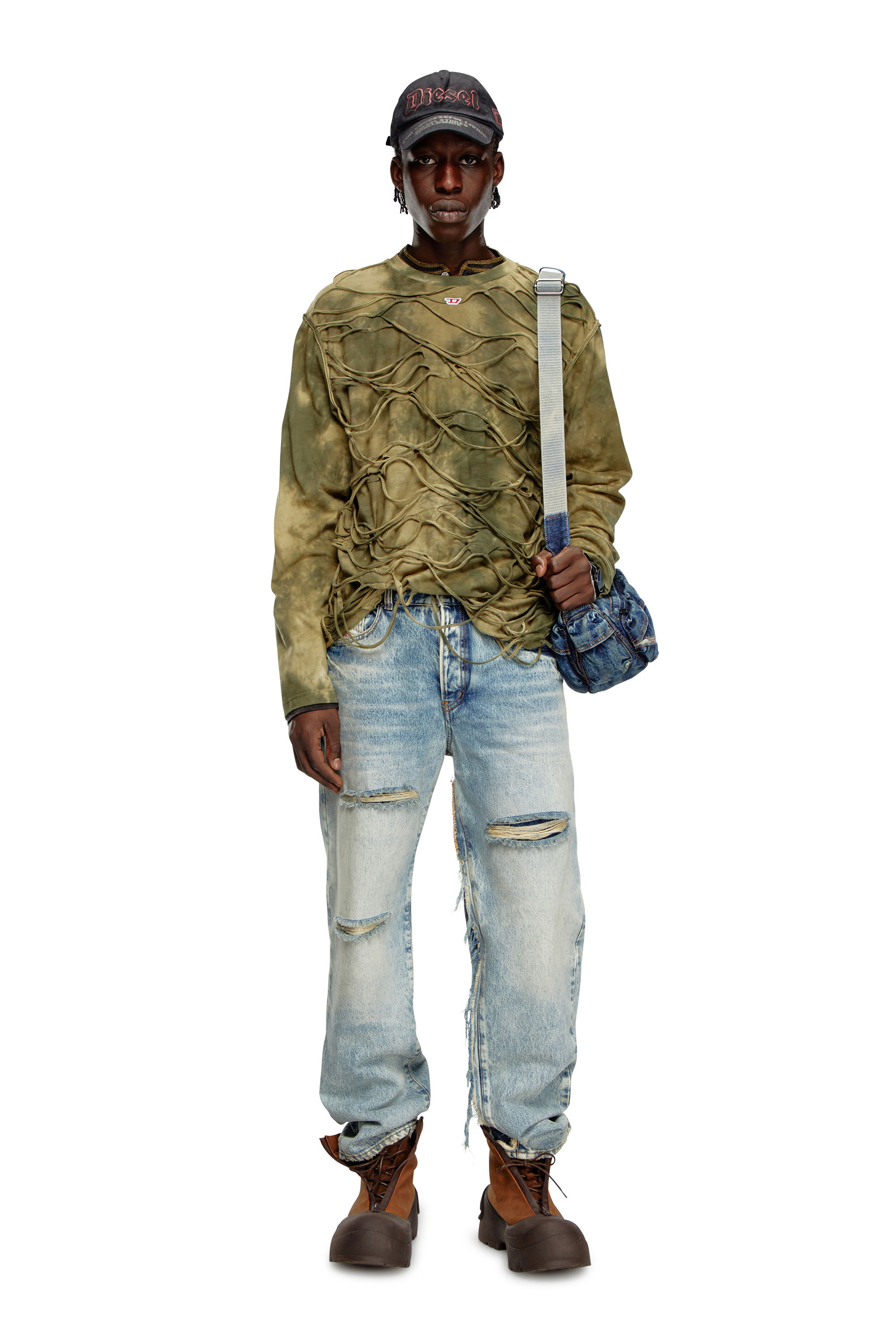 Diesel - T-CRANET-LS, Man's Long-sleeve T-shirt with floating strands in Military Green - 2