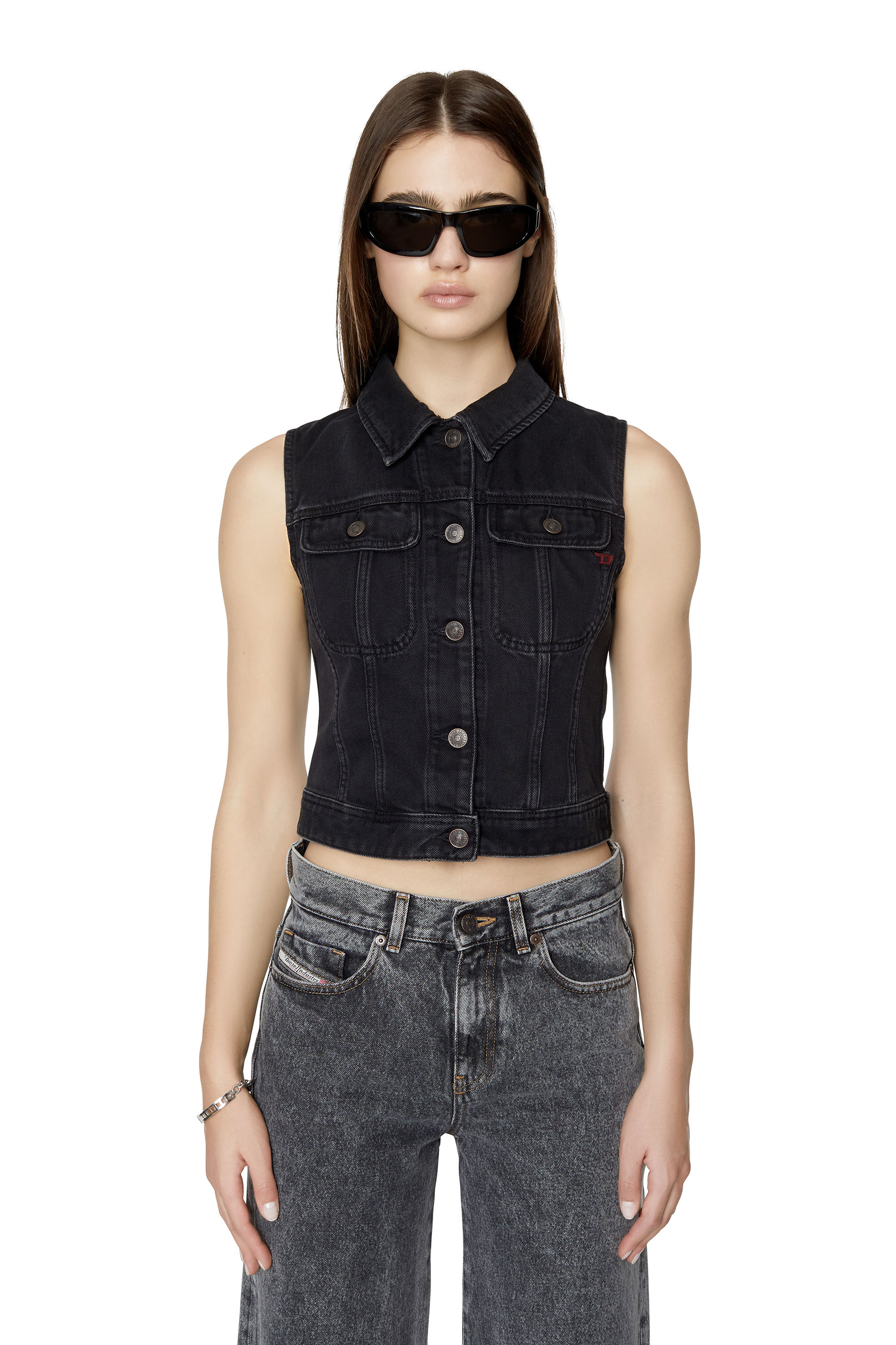 Diesel - DE-SLIMMY-SM, Woman's Slim-fit sleeveless trucker jacket in Black/Dark grey - 1