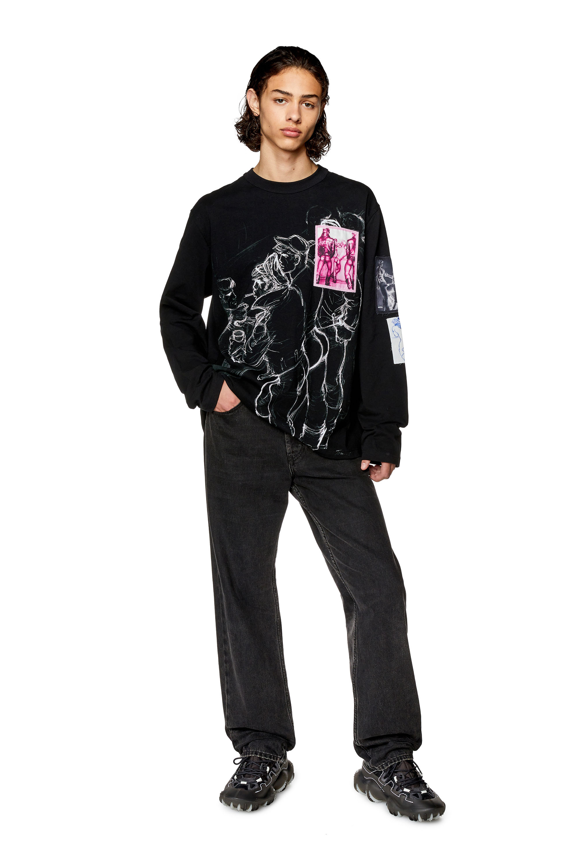 Diesel - PR-T-CRANE-LS, Unisex's Long-sleeve T-shirt with prints and patches in Black - 2