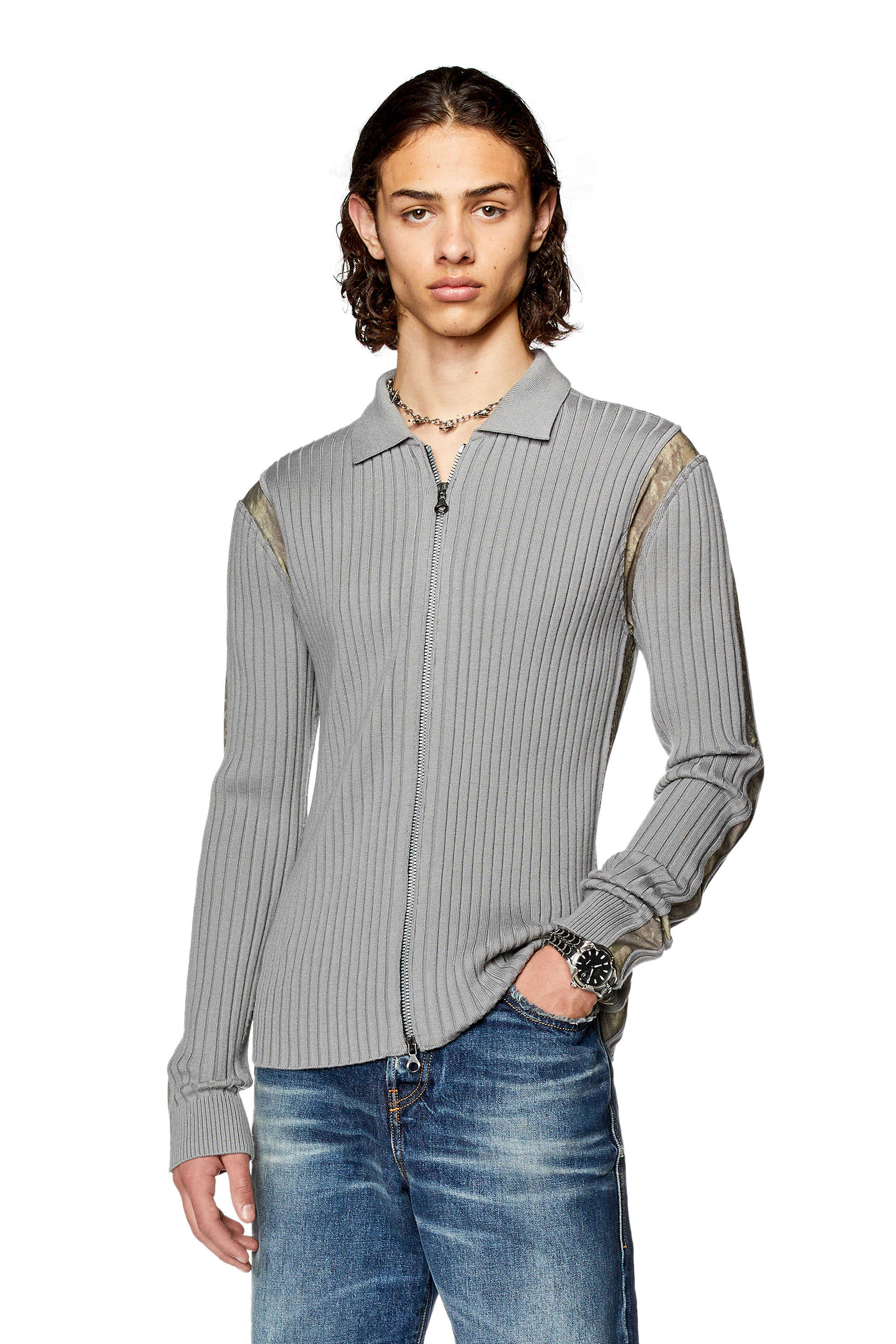 Diesel - K-LIPSI, Man's Ribbed cardigan with Planet-camo inserts in Grey - 1