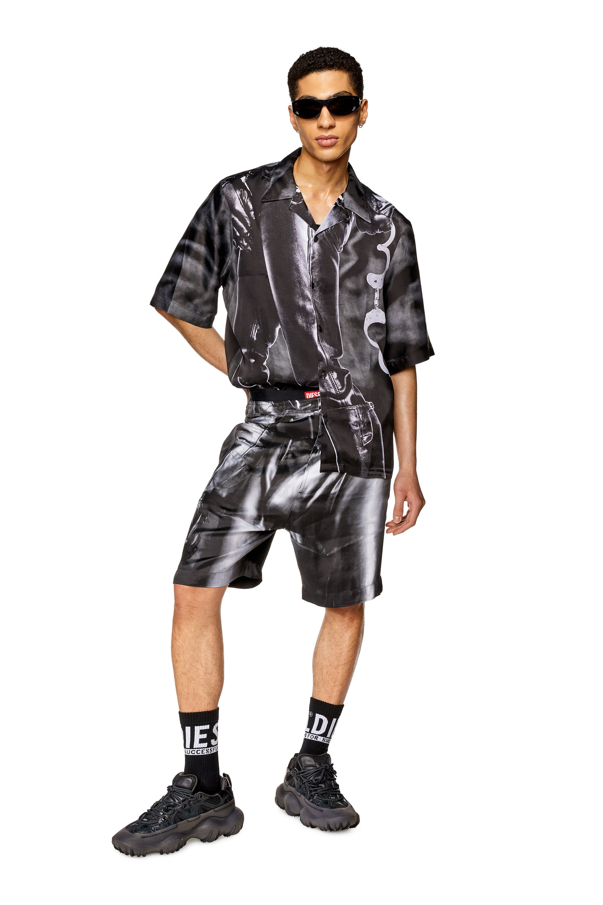 Diesel - PR-P-TOLL-SHO-23, Unisex's Silk satin shorts with black print in Black - 3