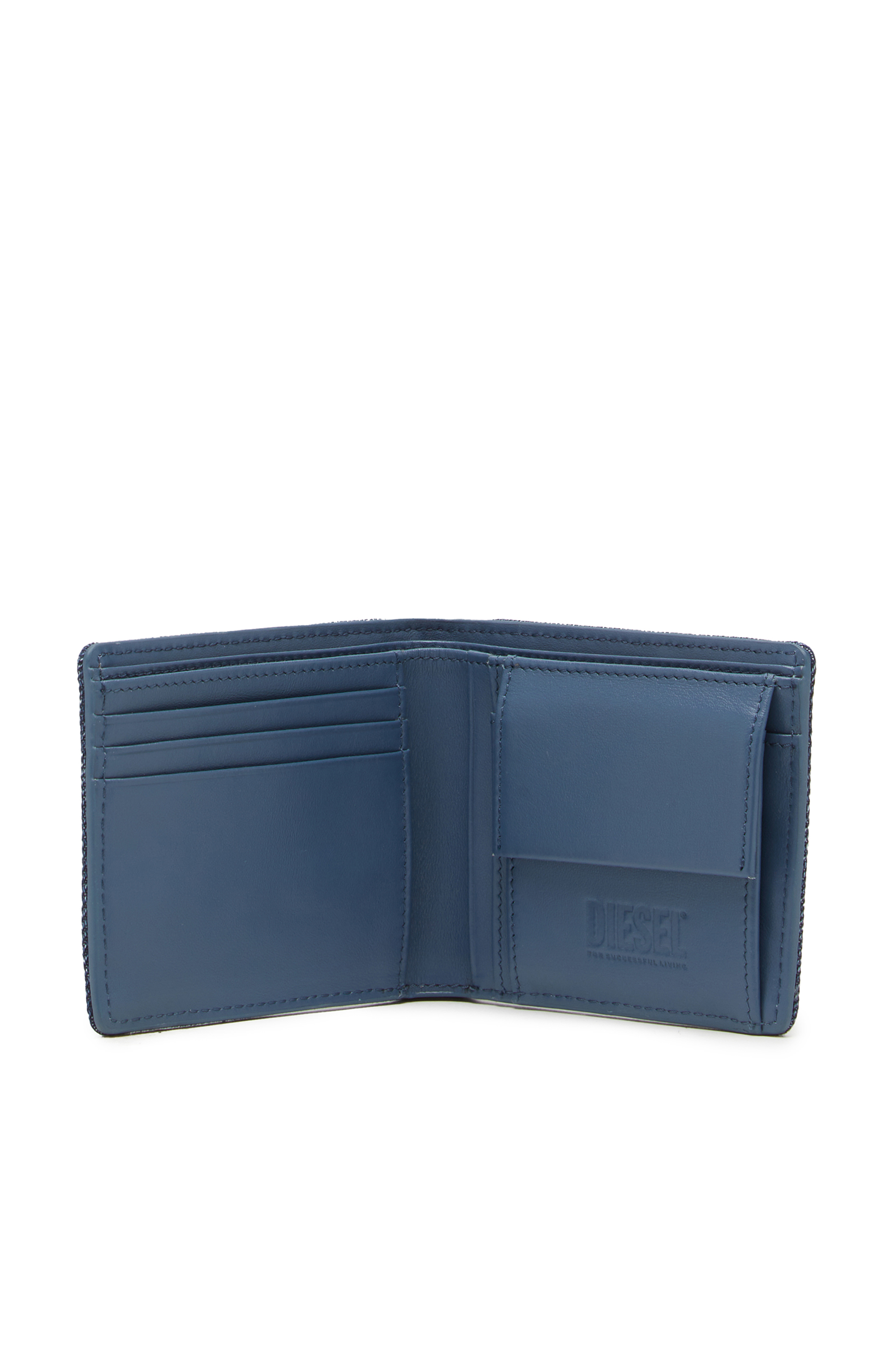 Diesel - BI-FOLD COIN S, Man's Bi-fold wallet in logo-embossed denim in Blue - 3