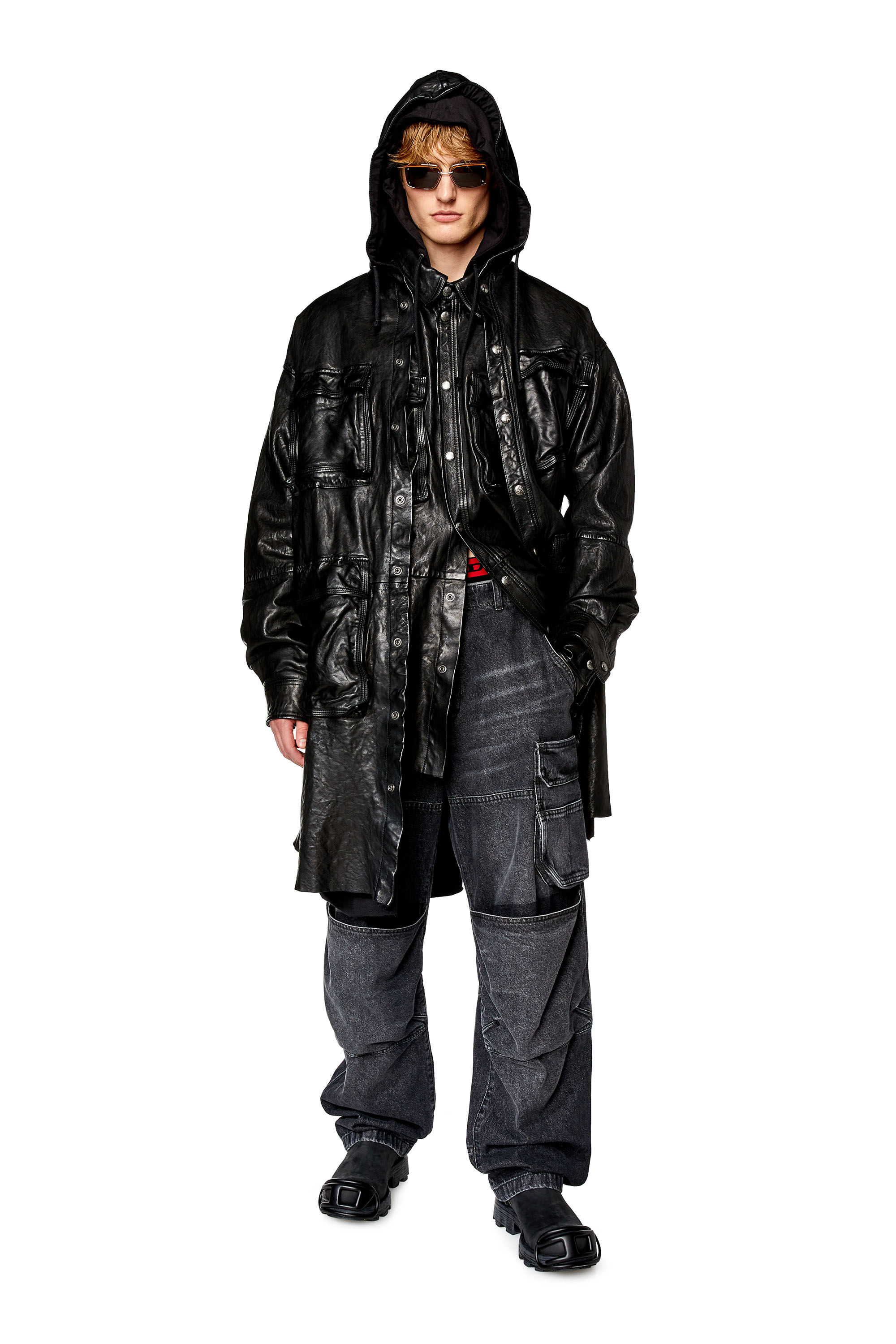 Diesel - L-SPHINX, Man's Hooded jacket in bubble leather in Black - 2
