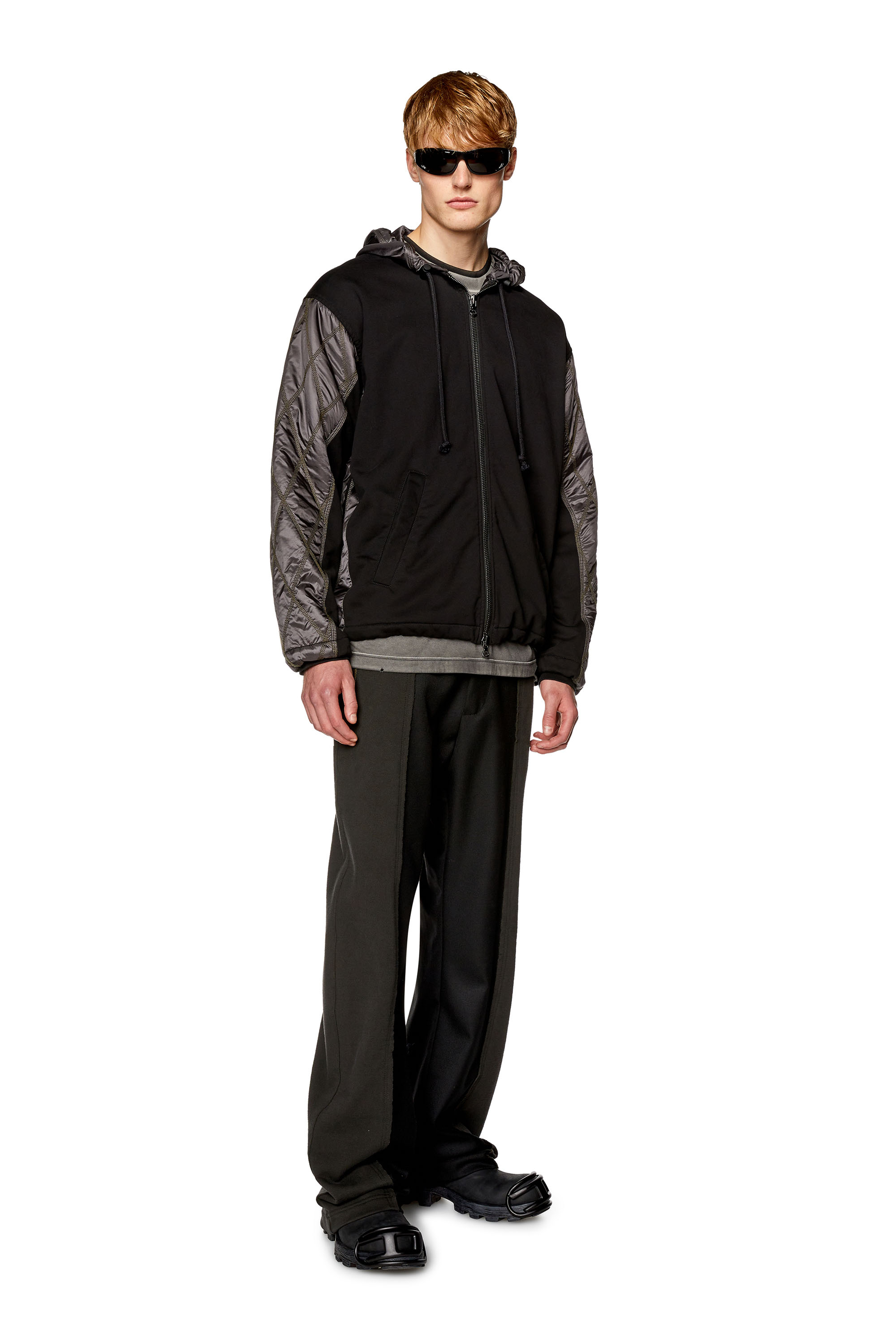 Diesel - J-ROMBE, Man's Hooded jacket in fleece and quilted nylon in Black - 2