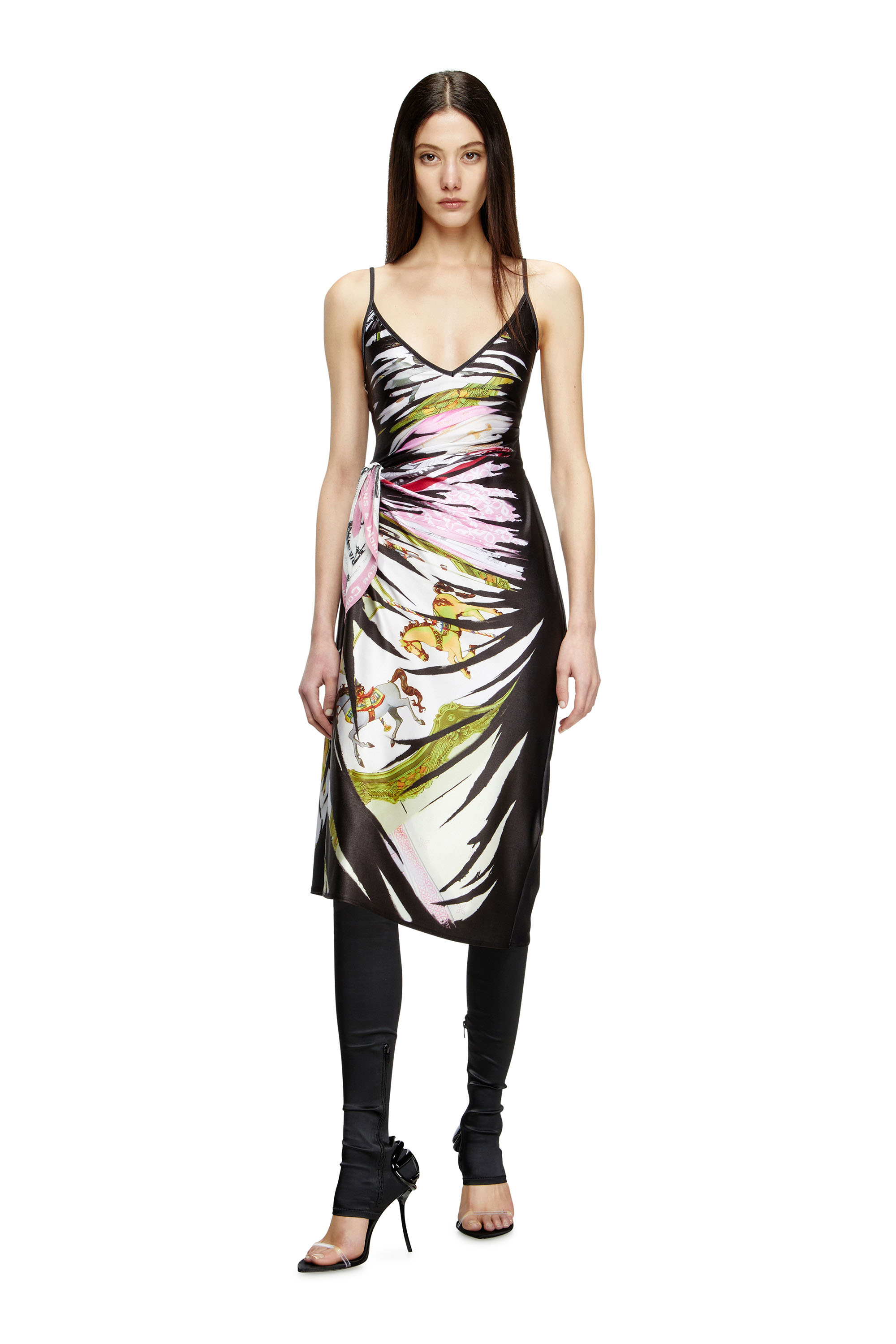 Diesel - D-OROTYS, Woman's Draped midi dress with bandana print in Black/White - 2
