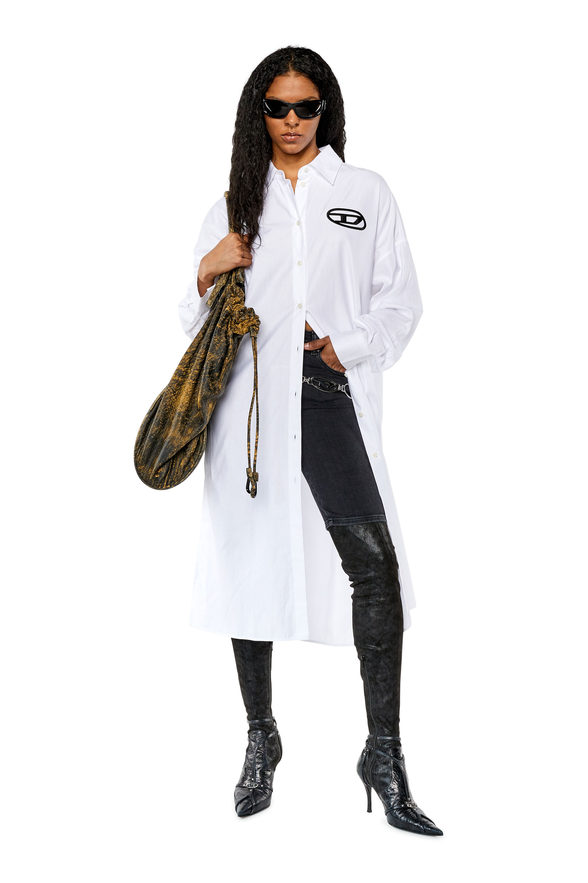Diesel - D-LUN, Woman's Shirt dress with maxi oval D embroidery in White - 1