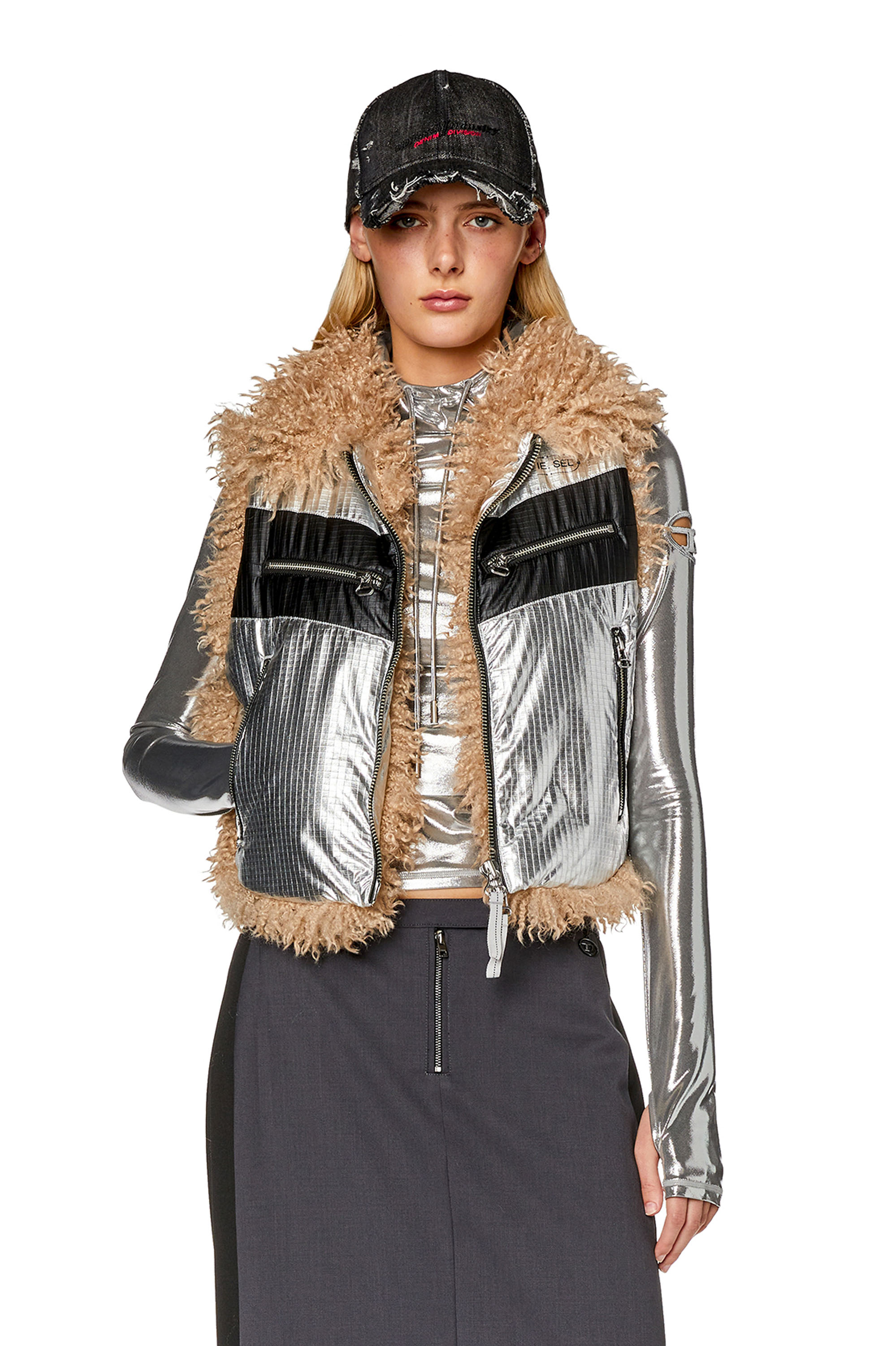 Diesel - W-EFIA, Woman's Vest in foil-coated ripstop in Silver - 1