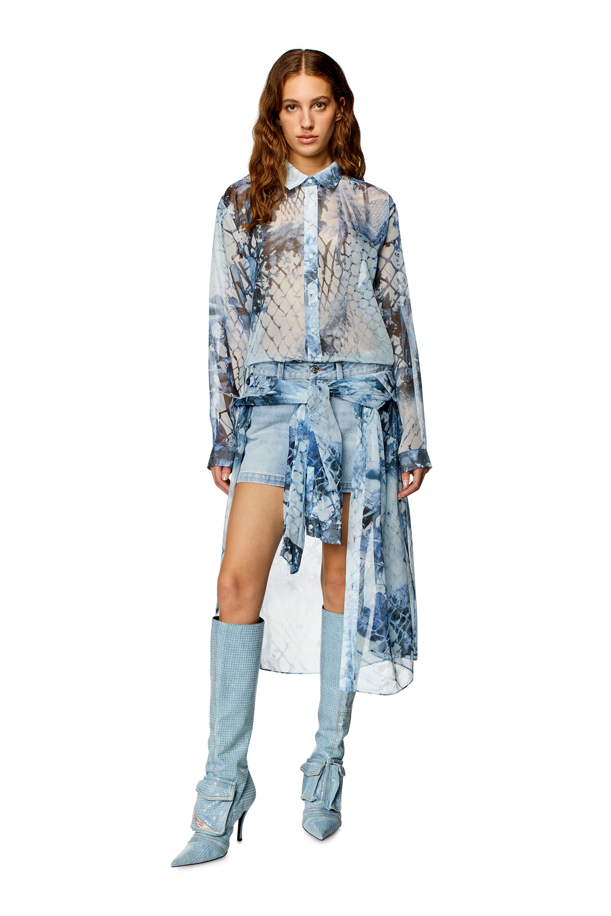 Diesel - D-JEANIEL, Woman's Short shirt dress in chiffon and denim in Light Blue - 2