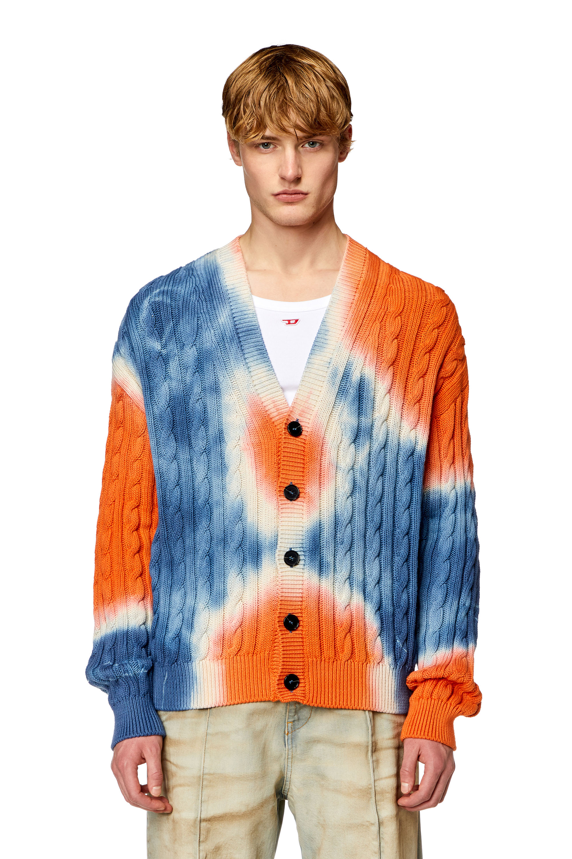 Diesel - K-JONNY, Man's Tie-dye cardigan in cable-knit cotton in Blue/Orange - 1