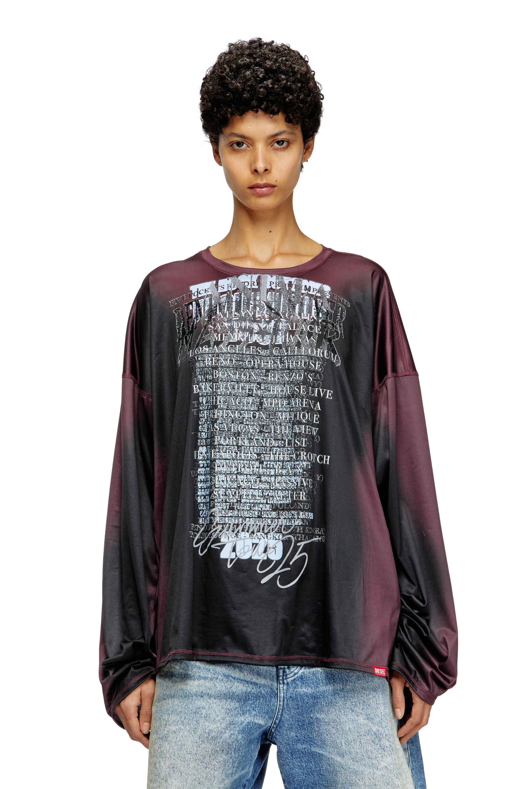 Diesel - T-OLAVI-AA, Unisex's Long-sleeve tech-jersey T-shirt with lyrics print in Black/Violet - 1