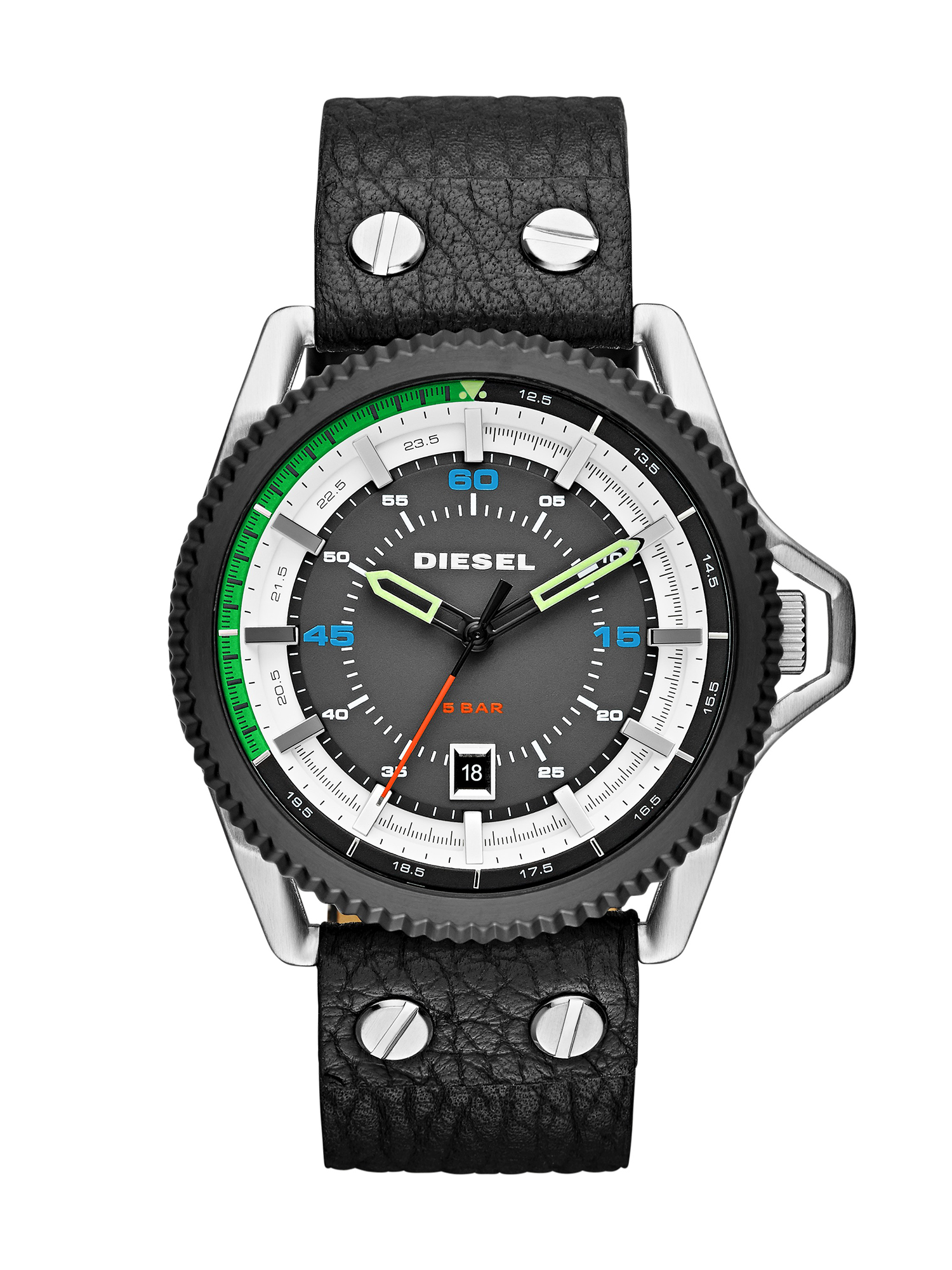 Diesel - DZ1717 ROLLCAGE, Man's Leather watch with three-hand dial, 46 mm in Black - 1