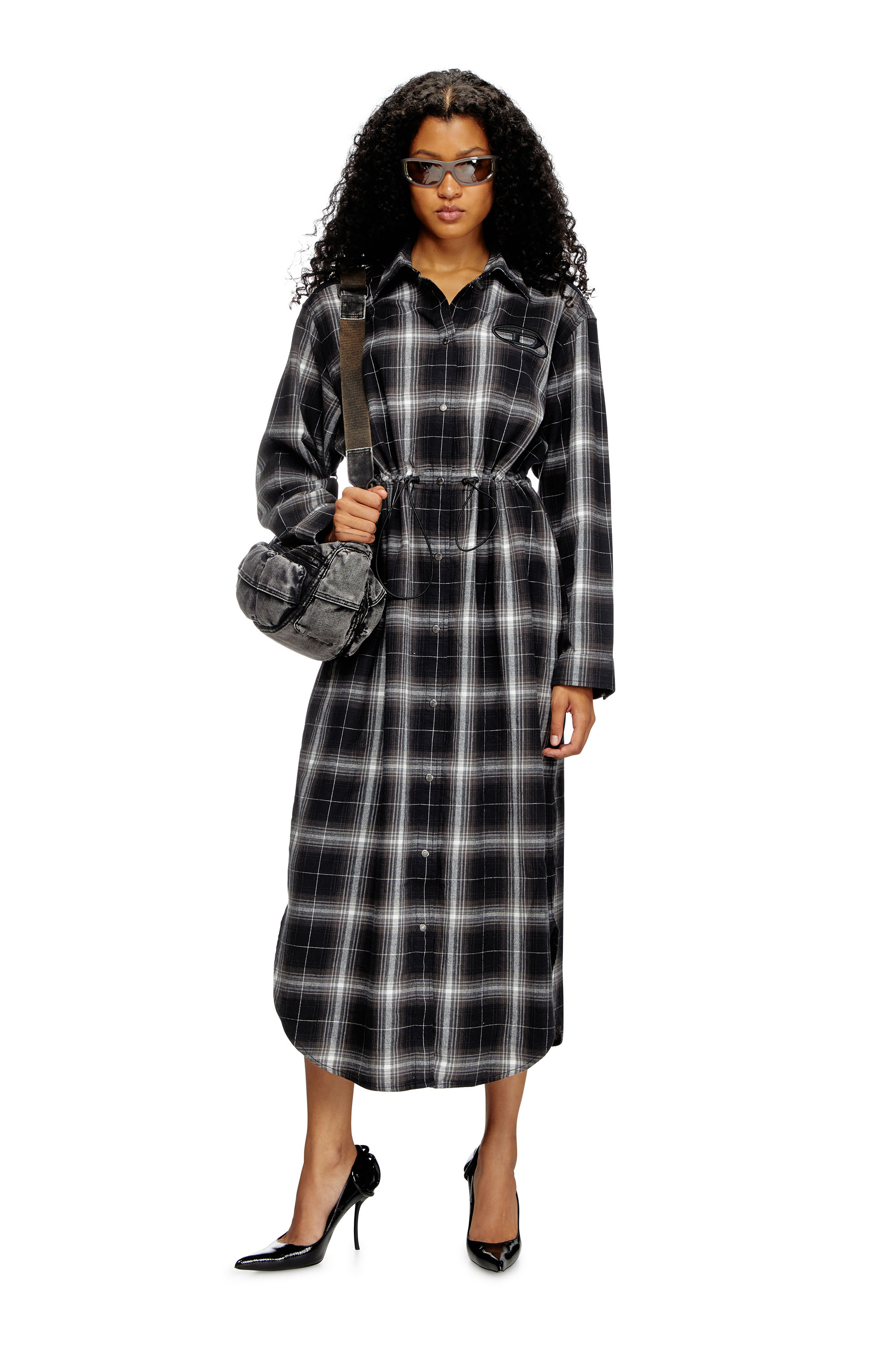 Diesel - D-REAMER, Woman's Midi shirt dress in check flannel in Black/White - 1