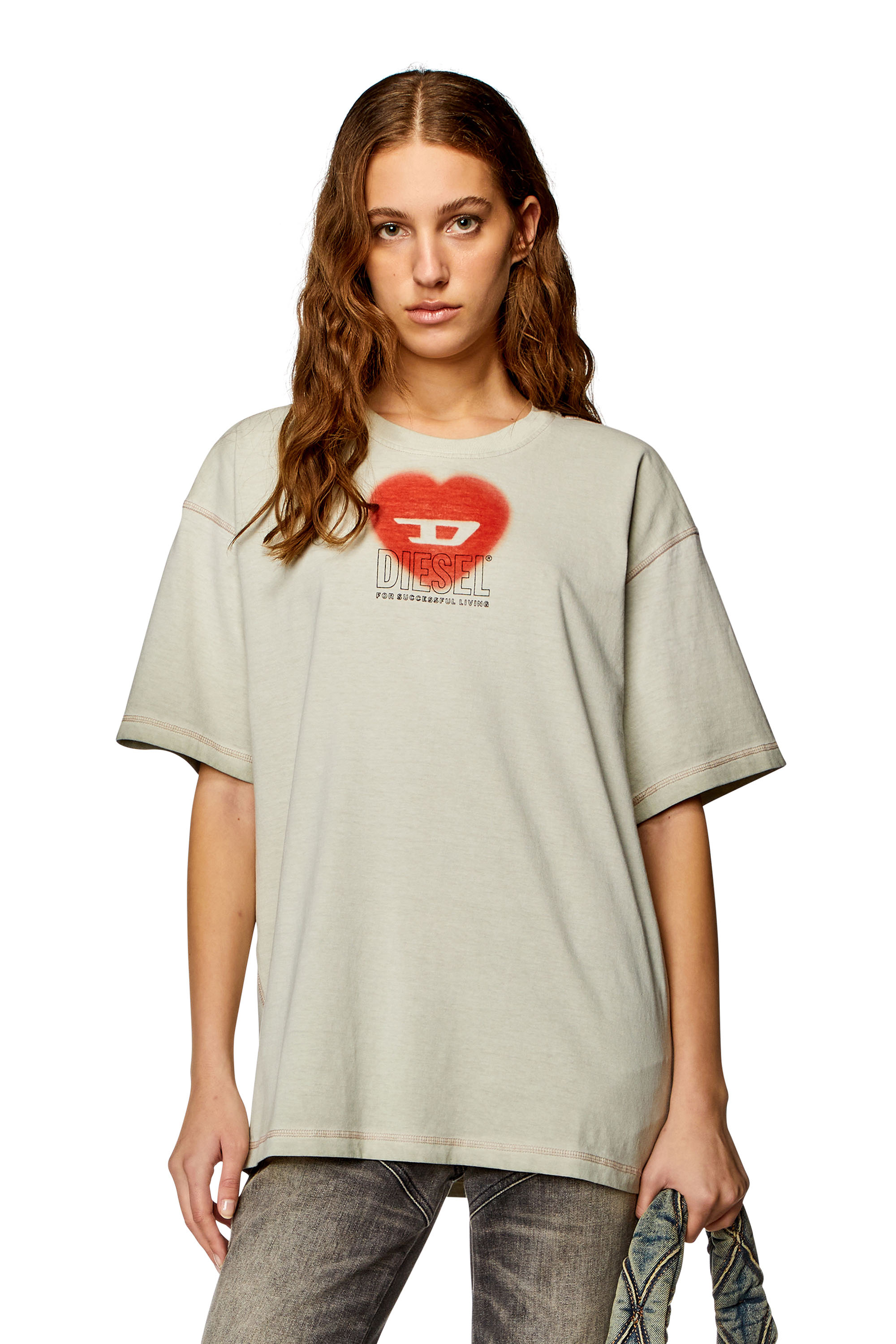 Diesel - T-BUXT-N4, Woman's T-shirt with heart print in Beige - 1