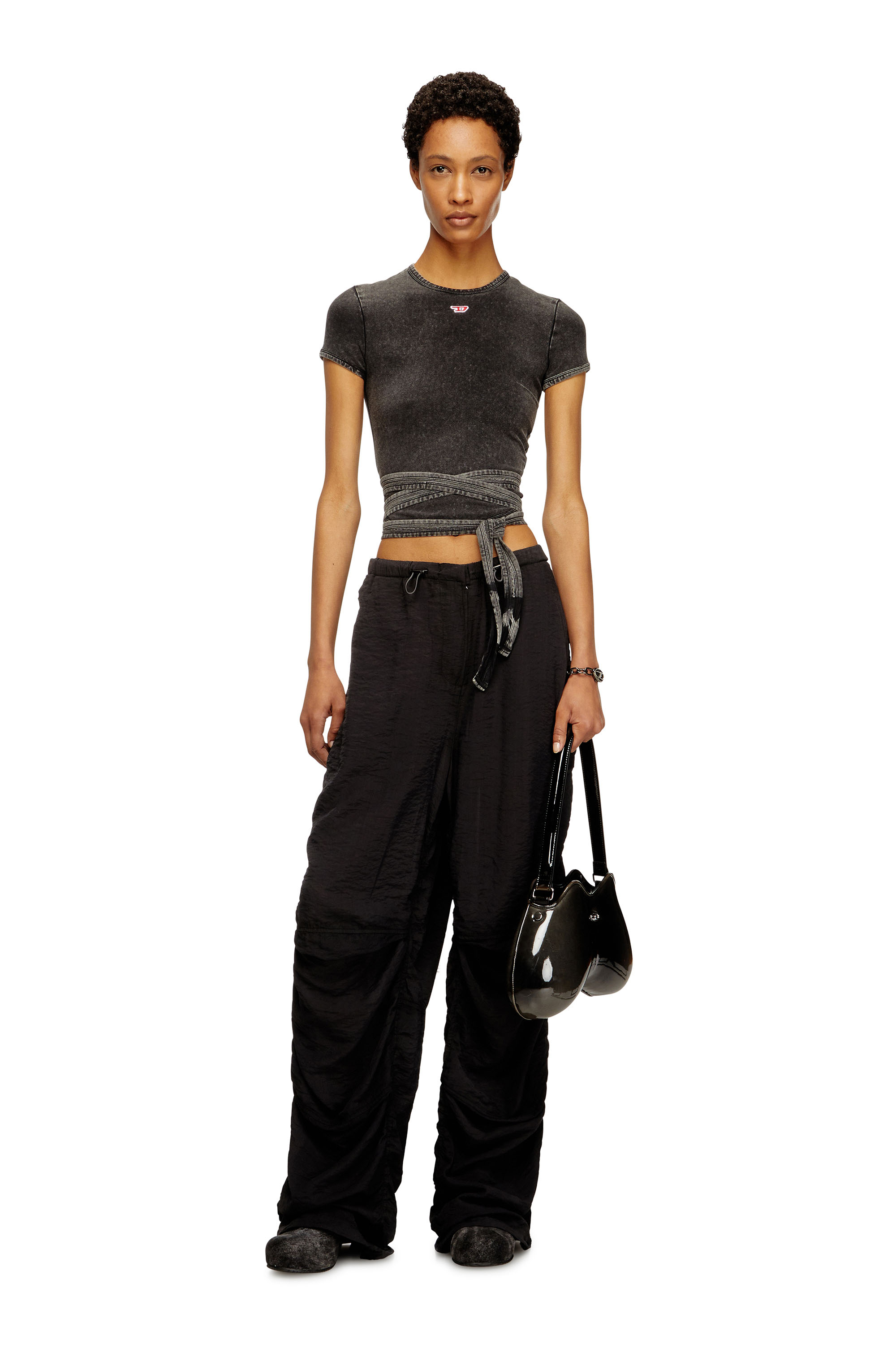 Diesel - T-BUNNY-TAIL-R1, Woman's Denim-look T-shirt with wrap ties in Black - 2
