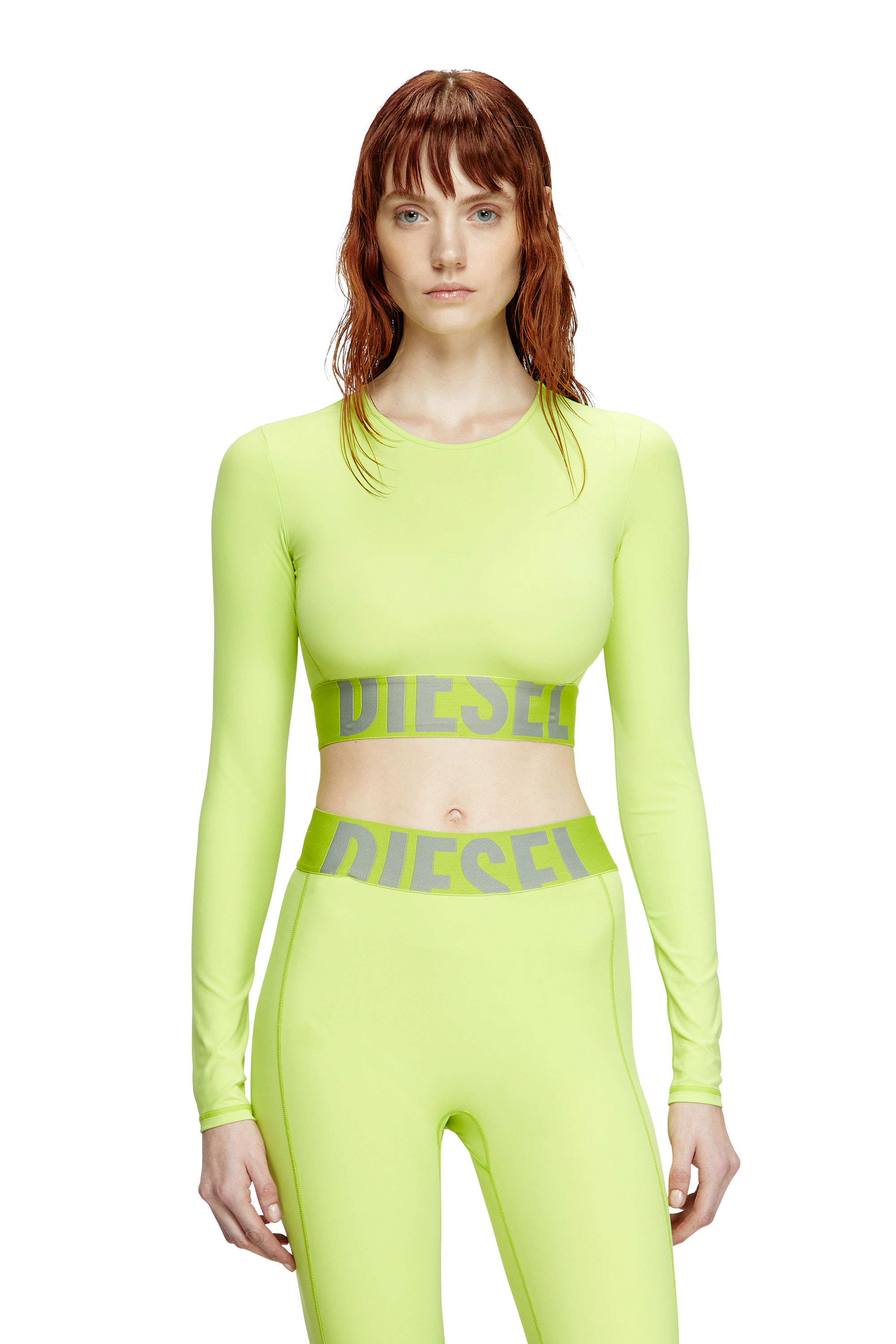 Diesel - MELISSA-D-POP, Woman's Microfibre crop top with cut-off logo in Green Fluo - 1