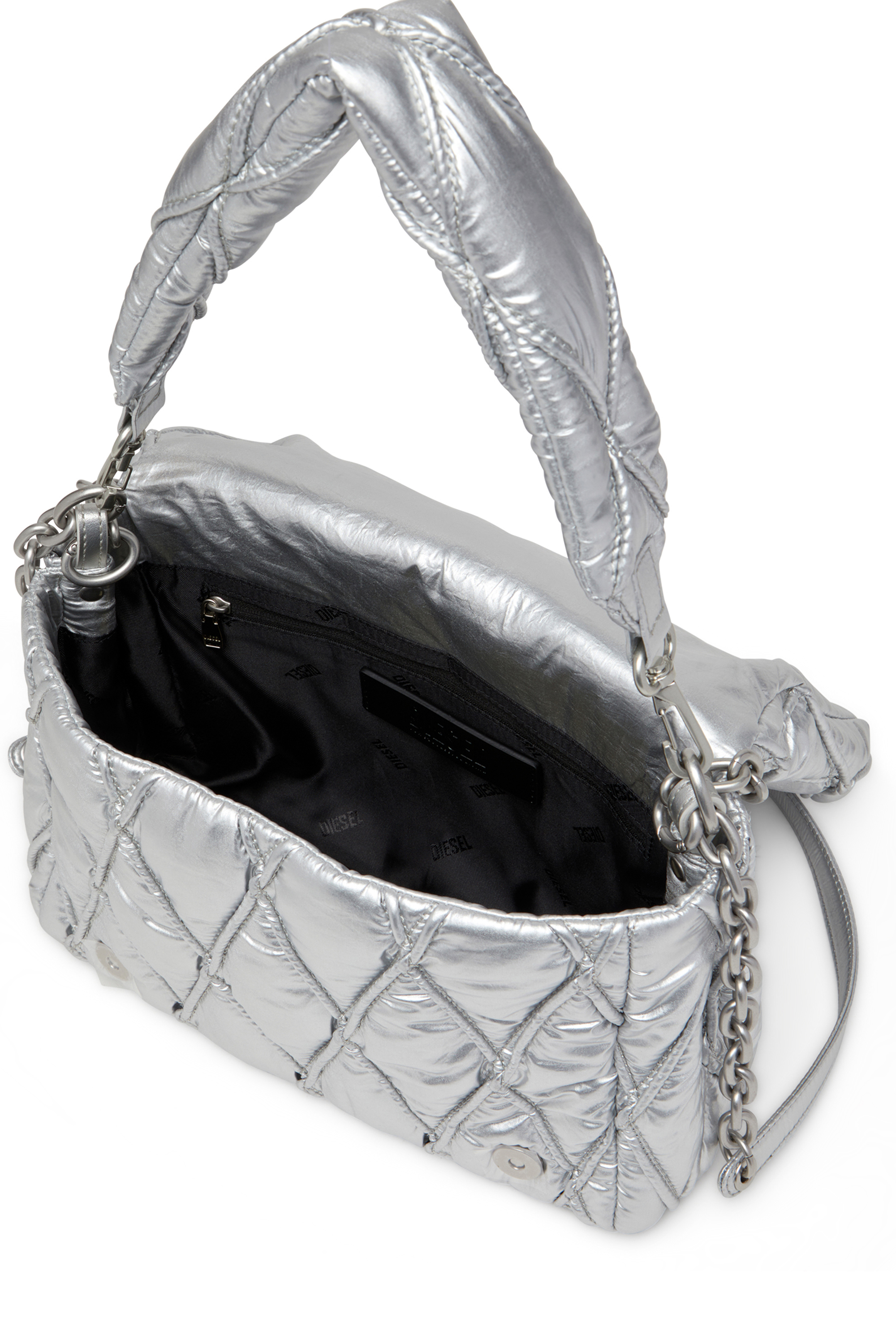 Diesel - CHARM-D SHOULDER M, Woman's Shoulder bag in quilted metallic nylon in Silver - 4