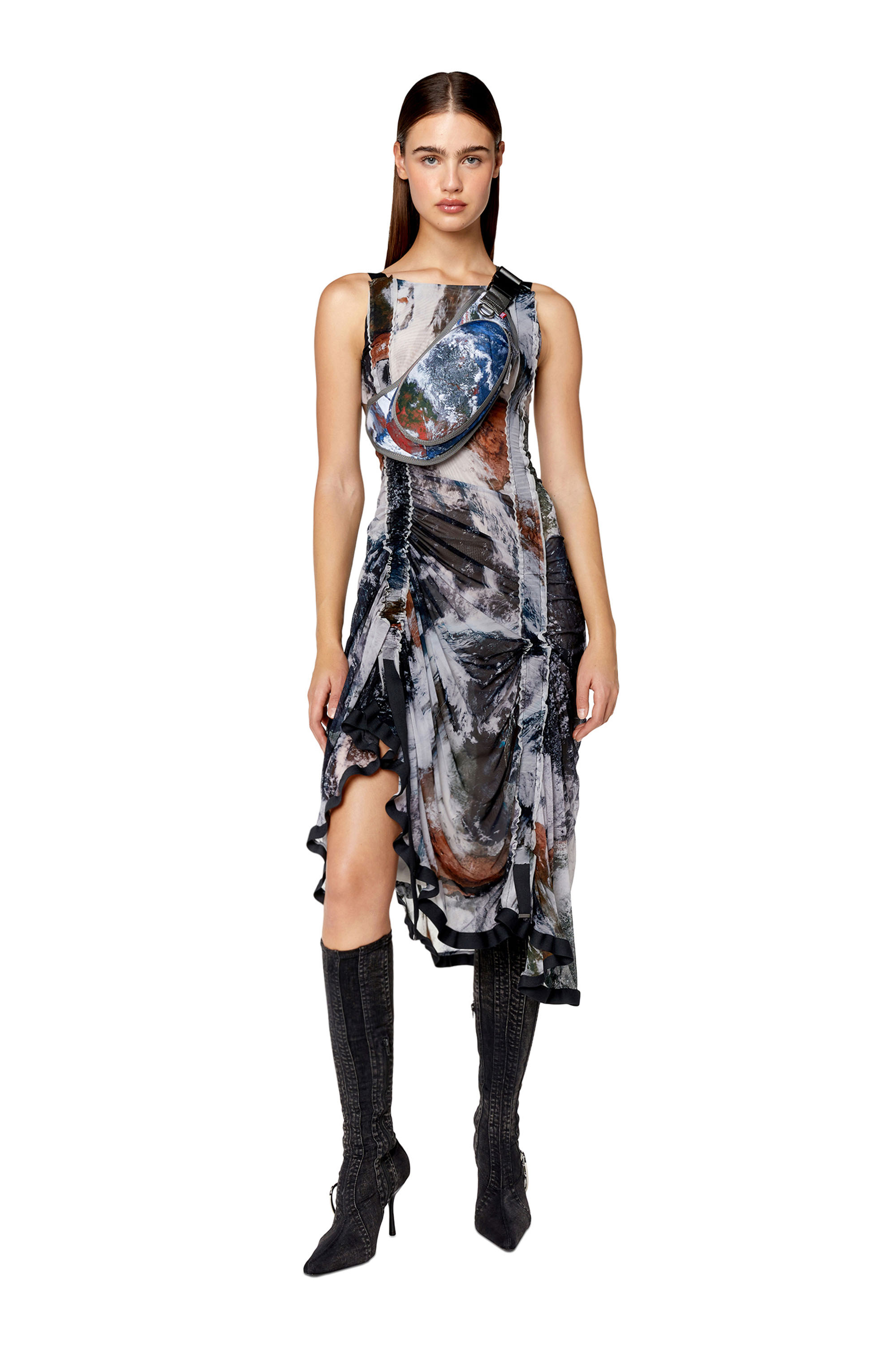 Diesel - D-TYLER, Woman's Draped dress with Planet print in Black/Grey - 1