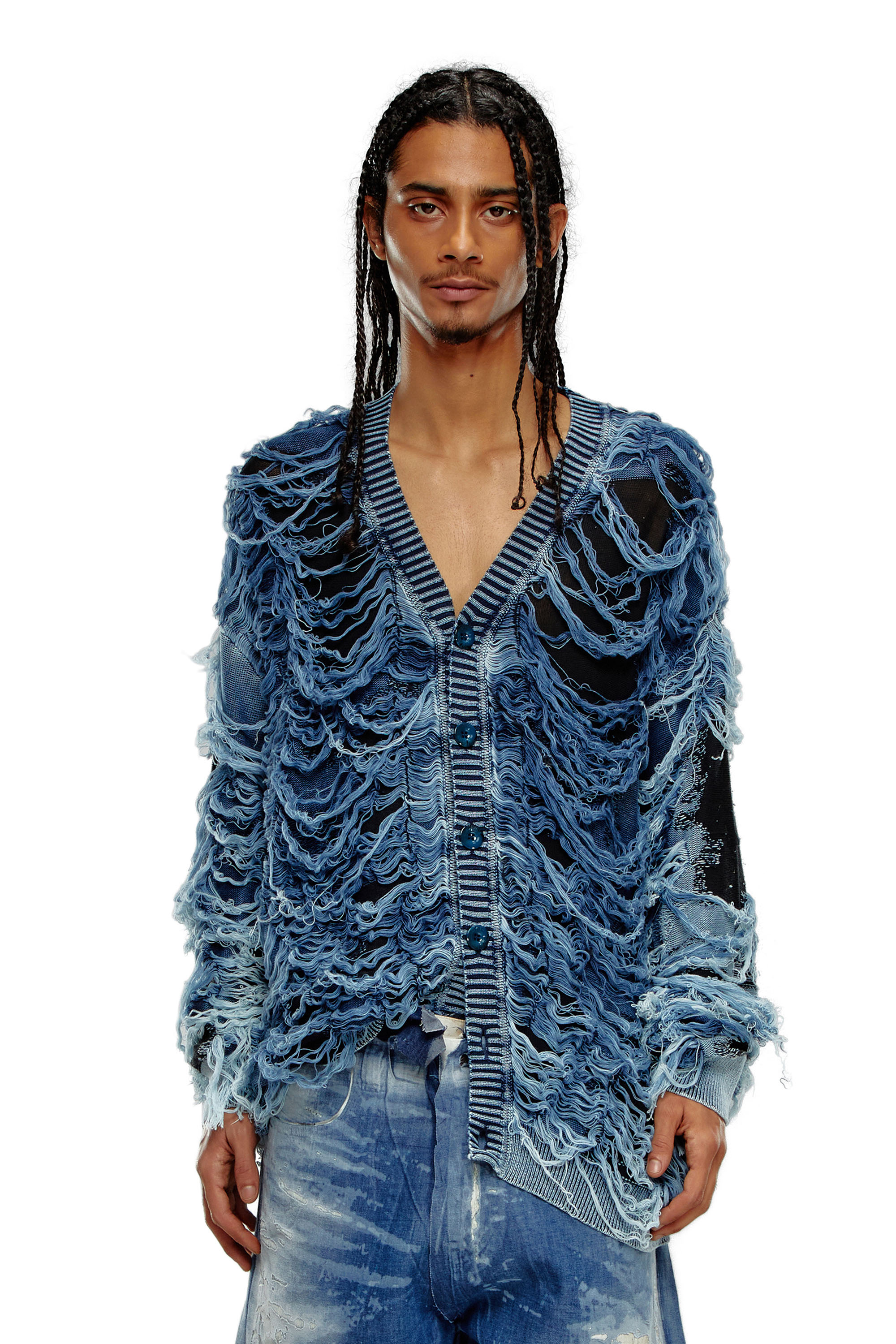 Diesel - K-BOBOLI, Man's Destroyed indigo V-neck cardigan in Black/Blue - 1