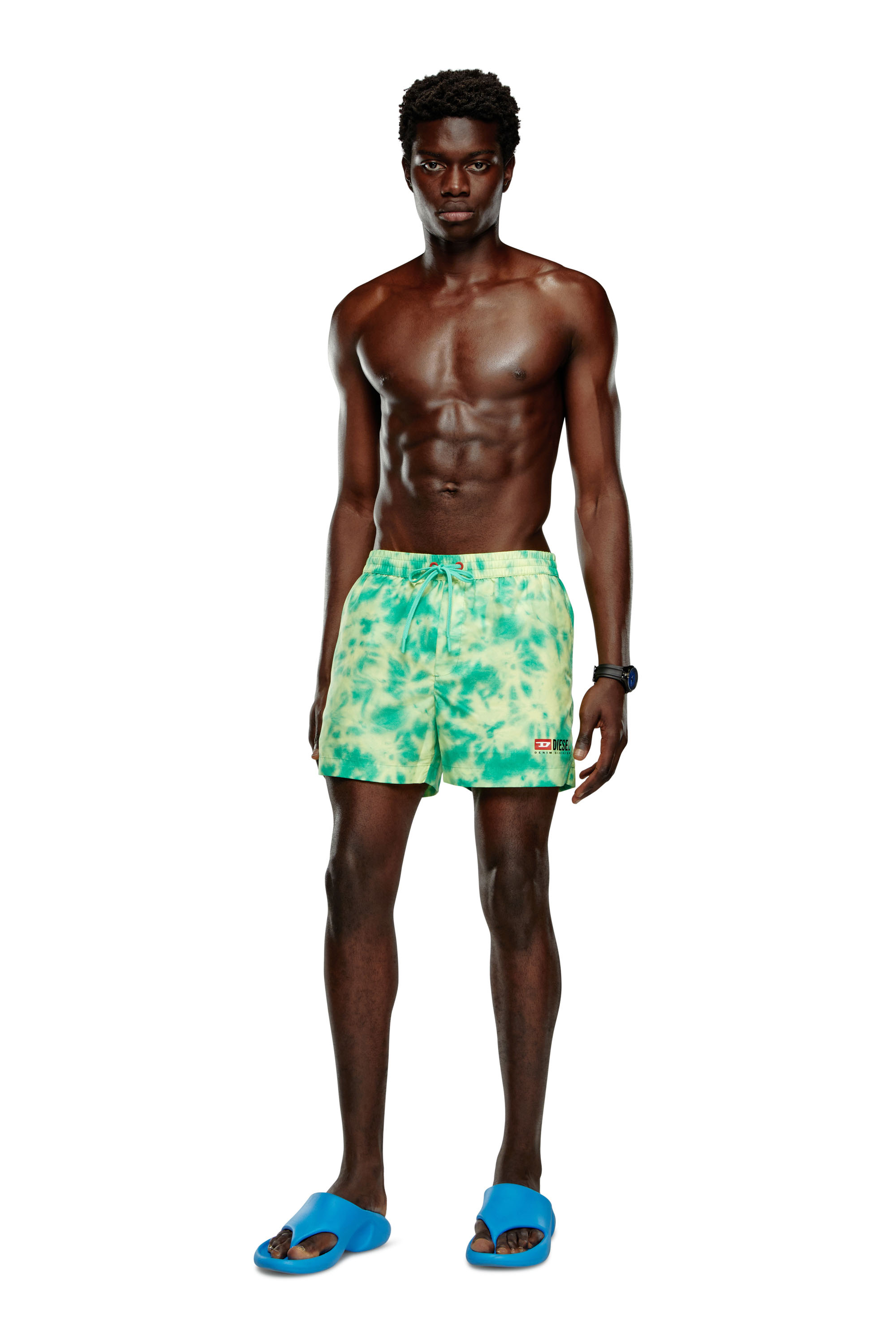 Diesel - BMBX-KEN-37, Man's Mid-length swim shorts with tie-dye print in Green/Yellow - 1