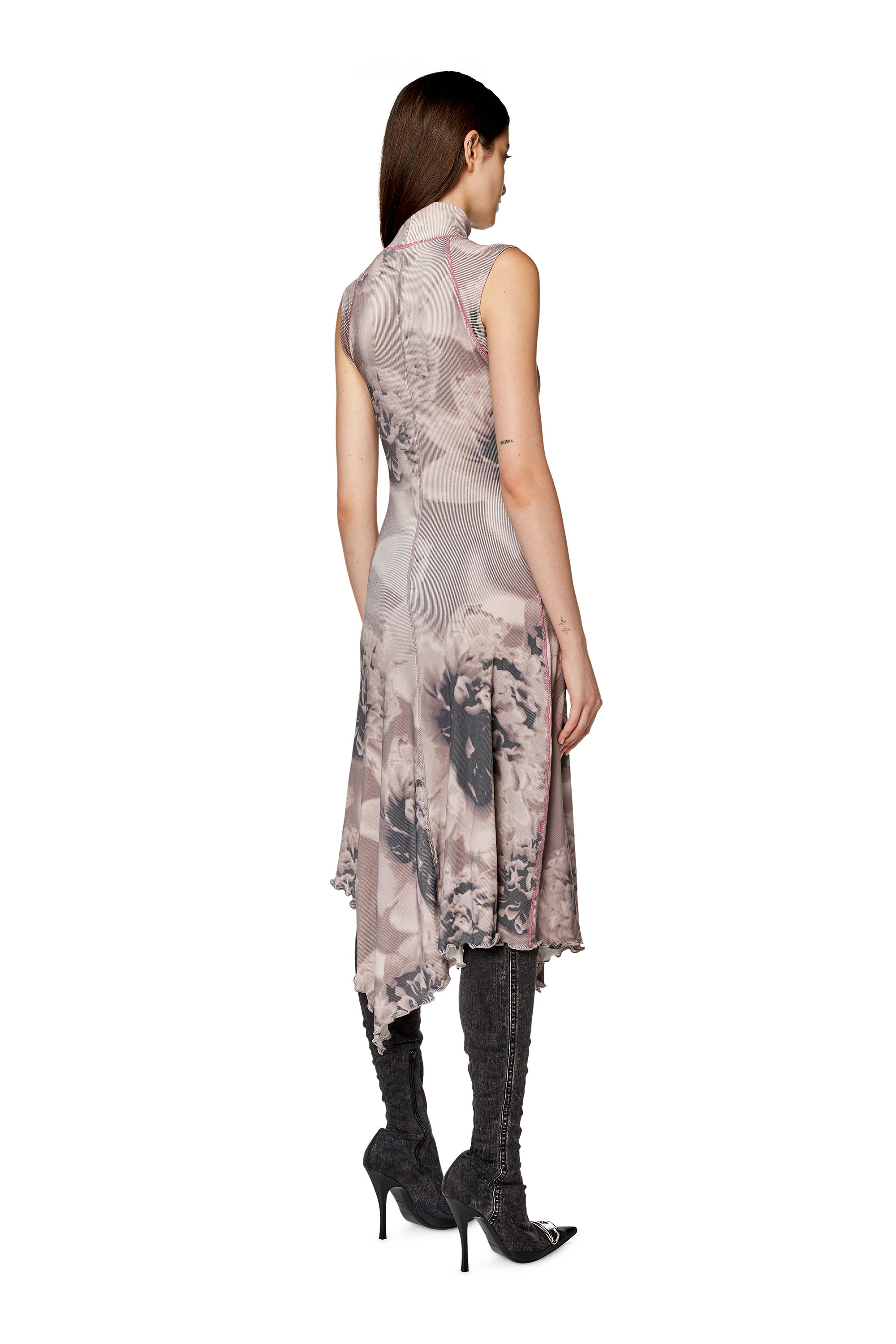 Diesel - D-RIBEL-L1, Woman's Asymmetric midi dress with floral print in Black/Grey - 3
