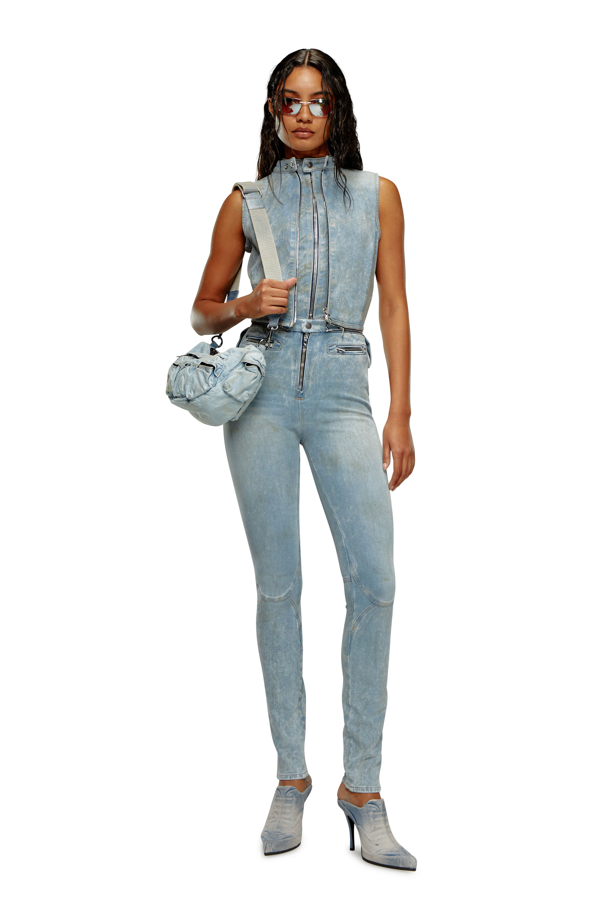 Diesel - DE-NATAISLA-FSE, Woman's Second-skin transformable denim jumpsuit in Light Blue - 2