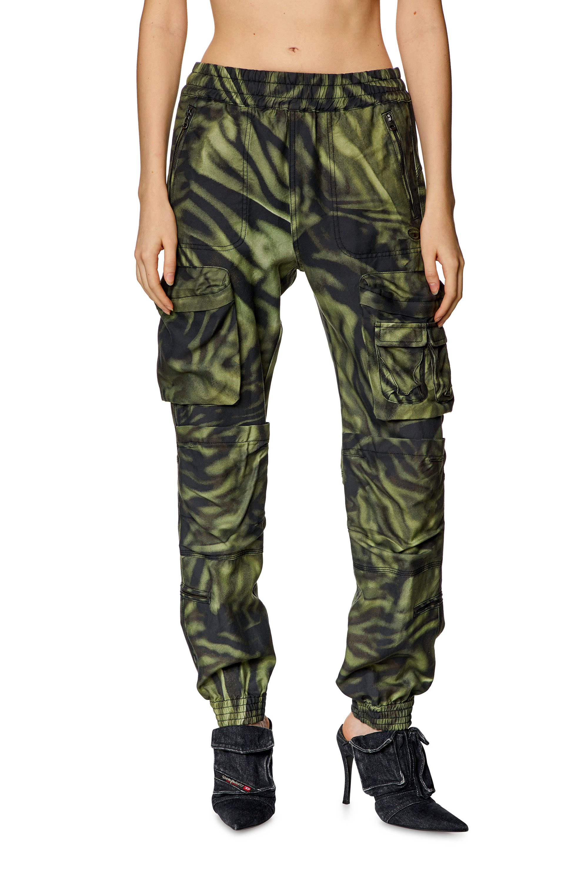 Diesel - P-MIROW, Woman's Cargo pants in zebra-camo twill in Black/Green - 1