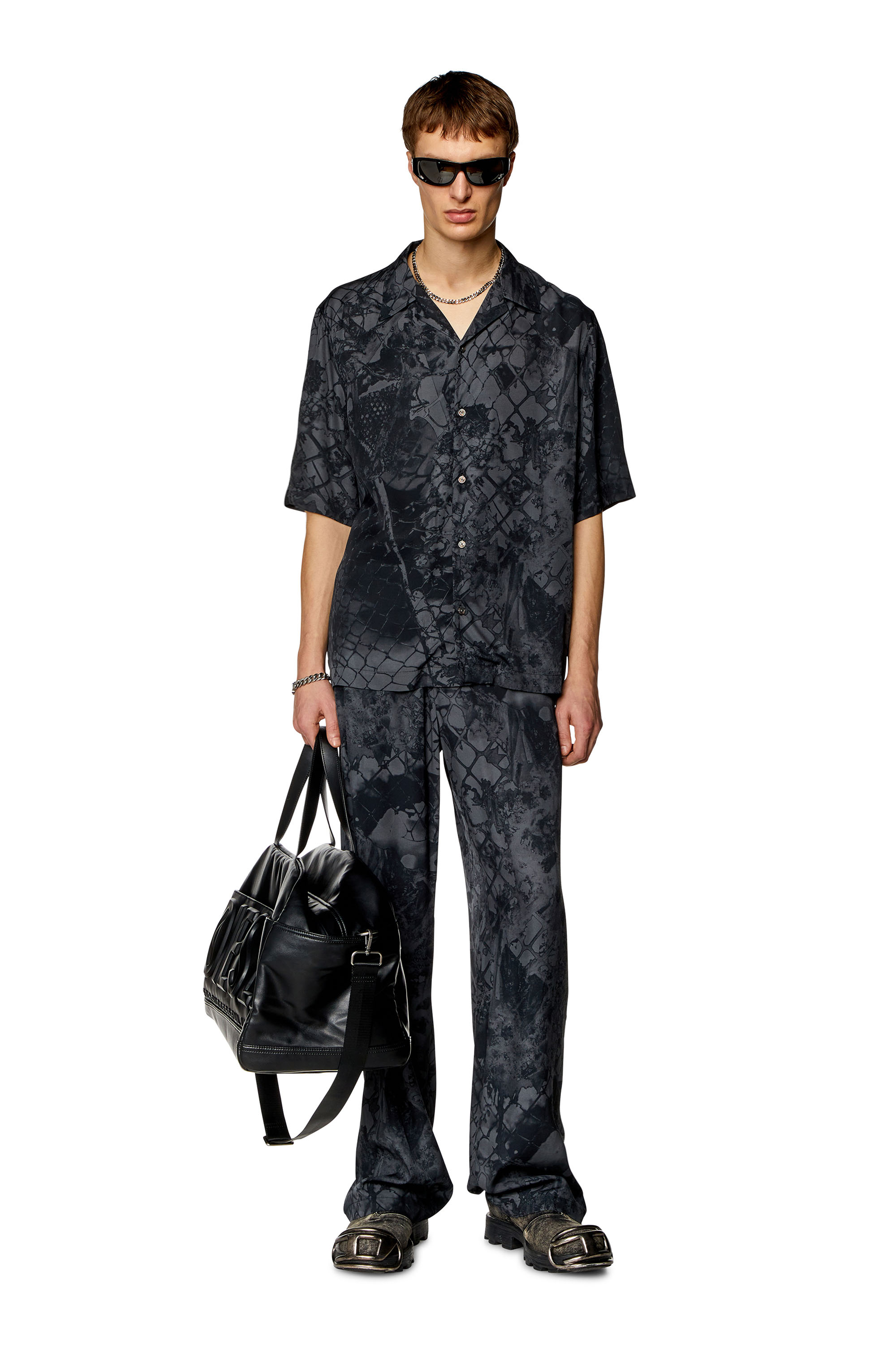 Diesel - P-CORNWALL, Man's Fluid pants with abstract print in Black - 2