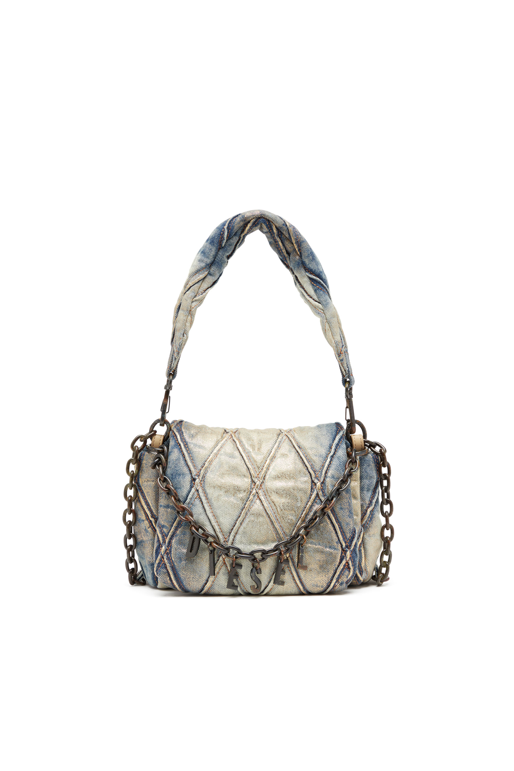 Diesel - CHARM-D SHOULDER S, Woman's Charm-D S-Small shoulder bag in metallic quilted denim in Blue/Gold - 1
