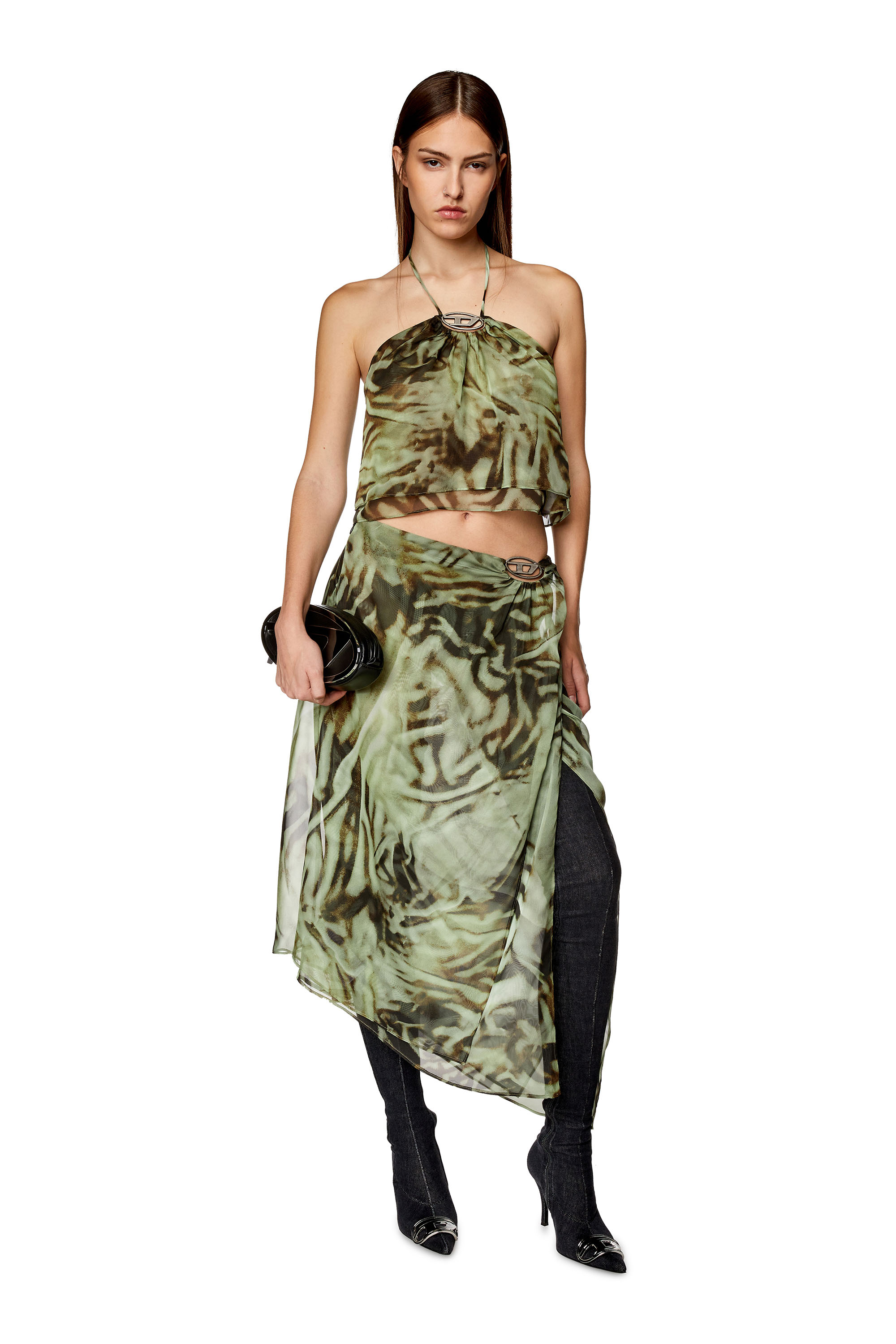 Diesel - O-STENT, Woman's Asymmetric midi skirt in camo chiffon in Military Green - 2