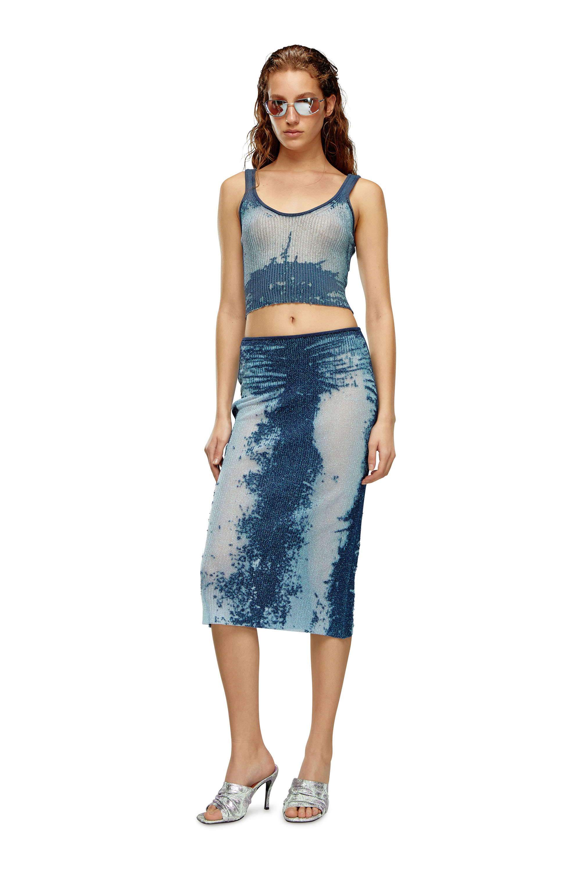 Diesel - M-BEGONIA, Woman's Midi skirt in devoré metallic knit in Blue - 2