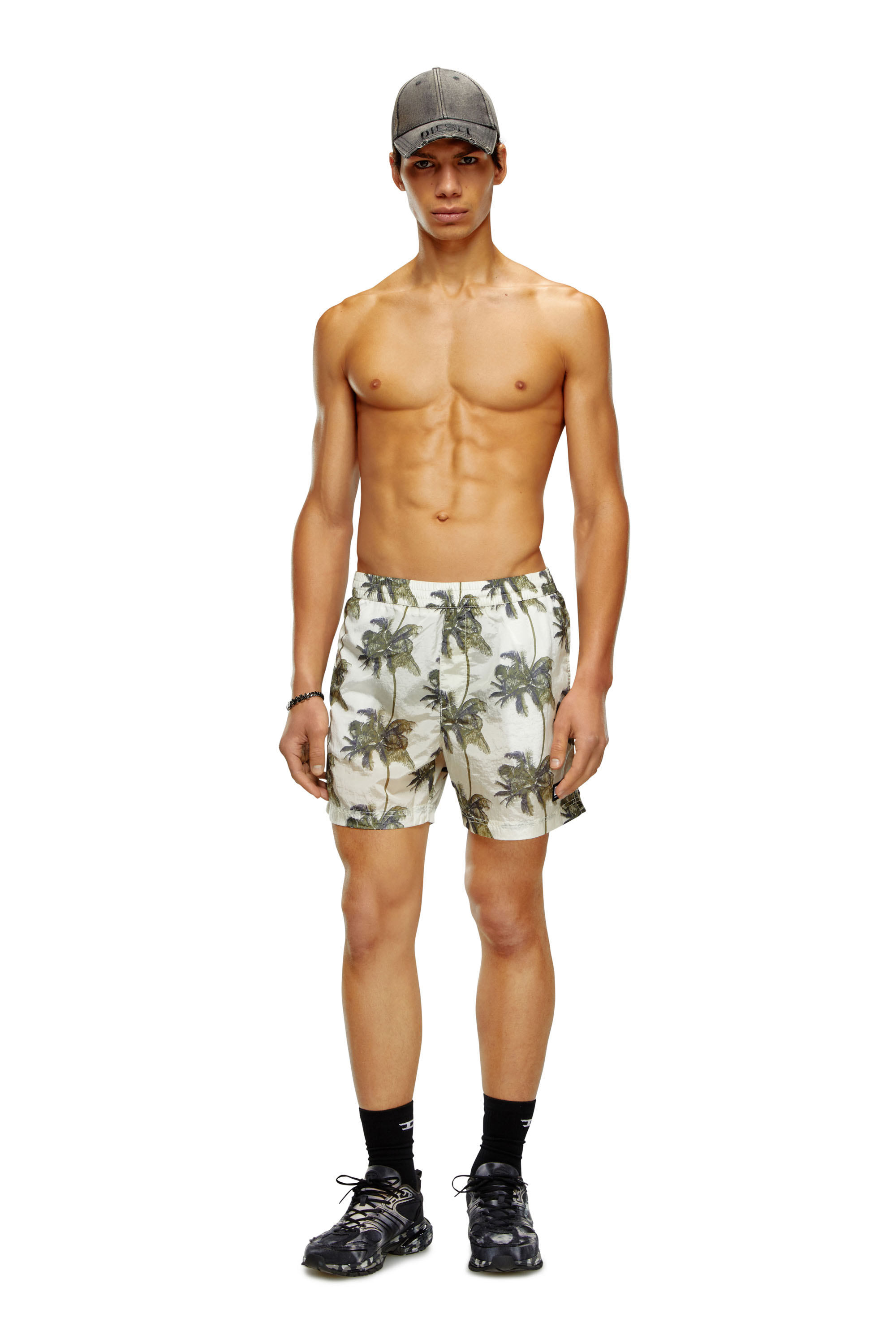Diesel - BMBX-RIO-41CM-PARACHUTE, Man's Palm-tree board shorts in crinkled fabric in Green - 1