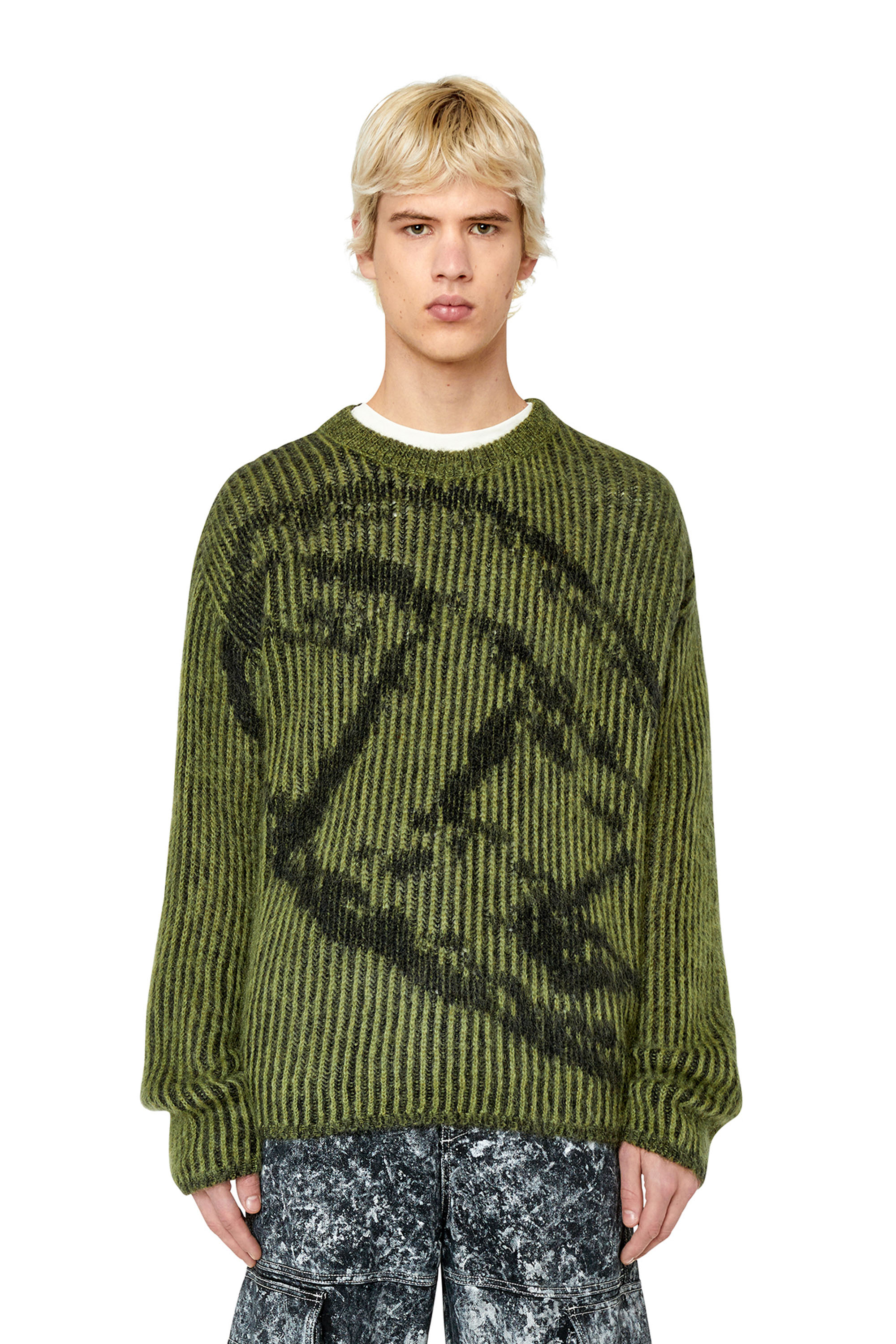 Diesel - K-EDRO, Man's Logo-jacquard jumper in mohair blend in Military Green - 1