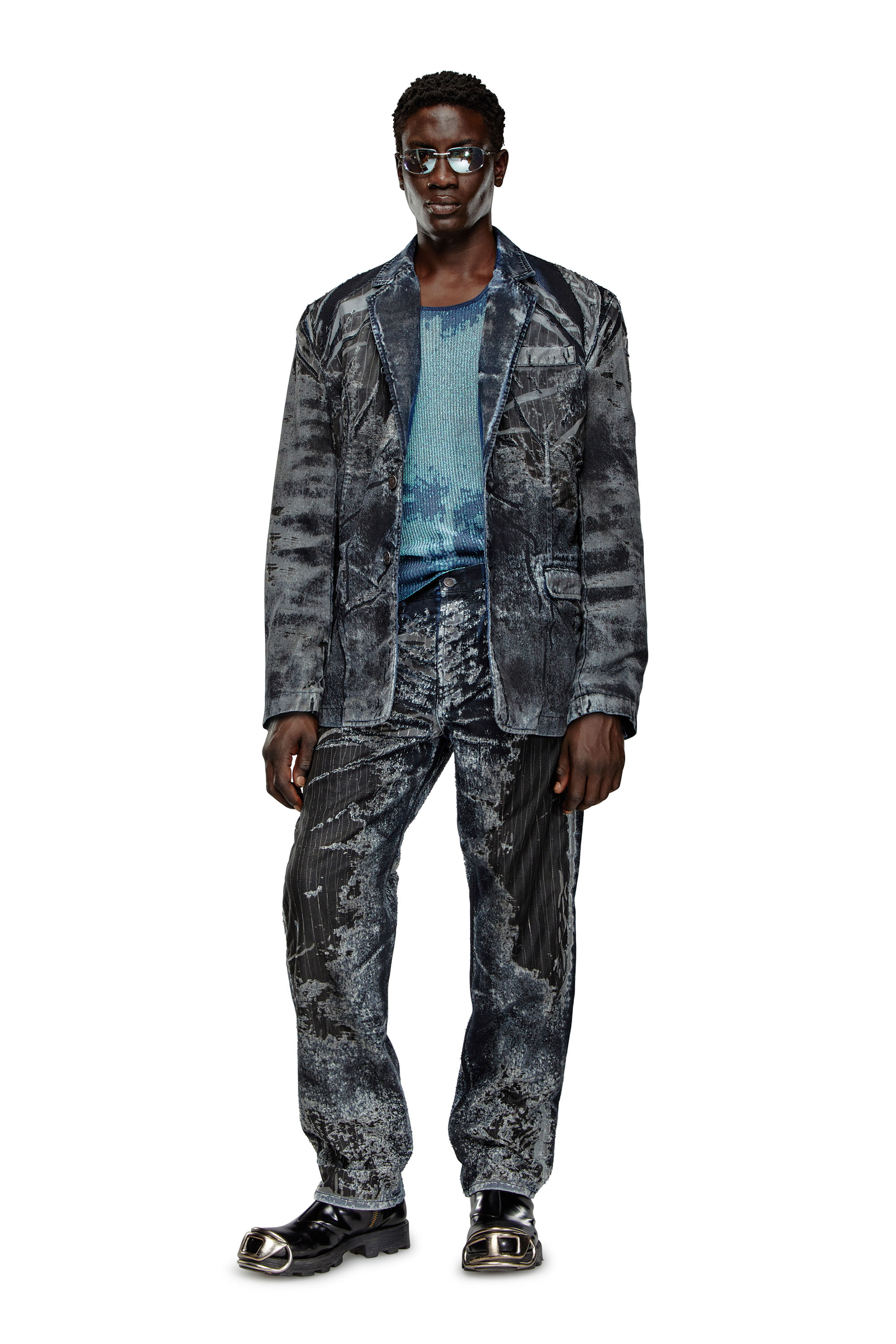 Diesel - D-BLA-DEV-FSE, Unisex's Blazer in pinstriped devoré denim in Black/Blue - 2