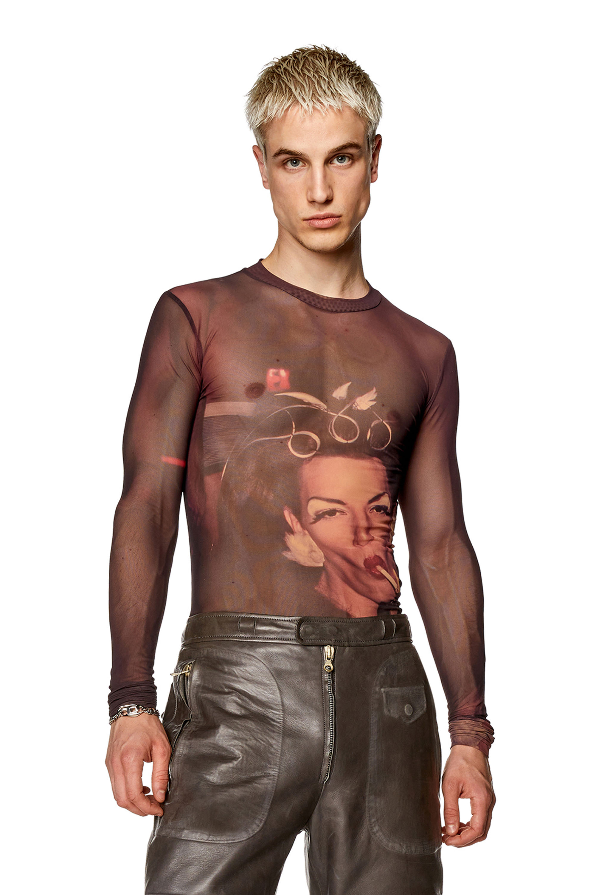 Diesel - PR-T-SIELAR-LONG, Unisex's Sheer long-sleeve T-shirt with photo print in Brown - 1