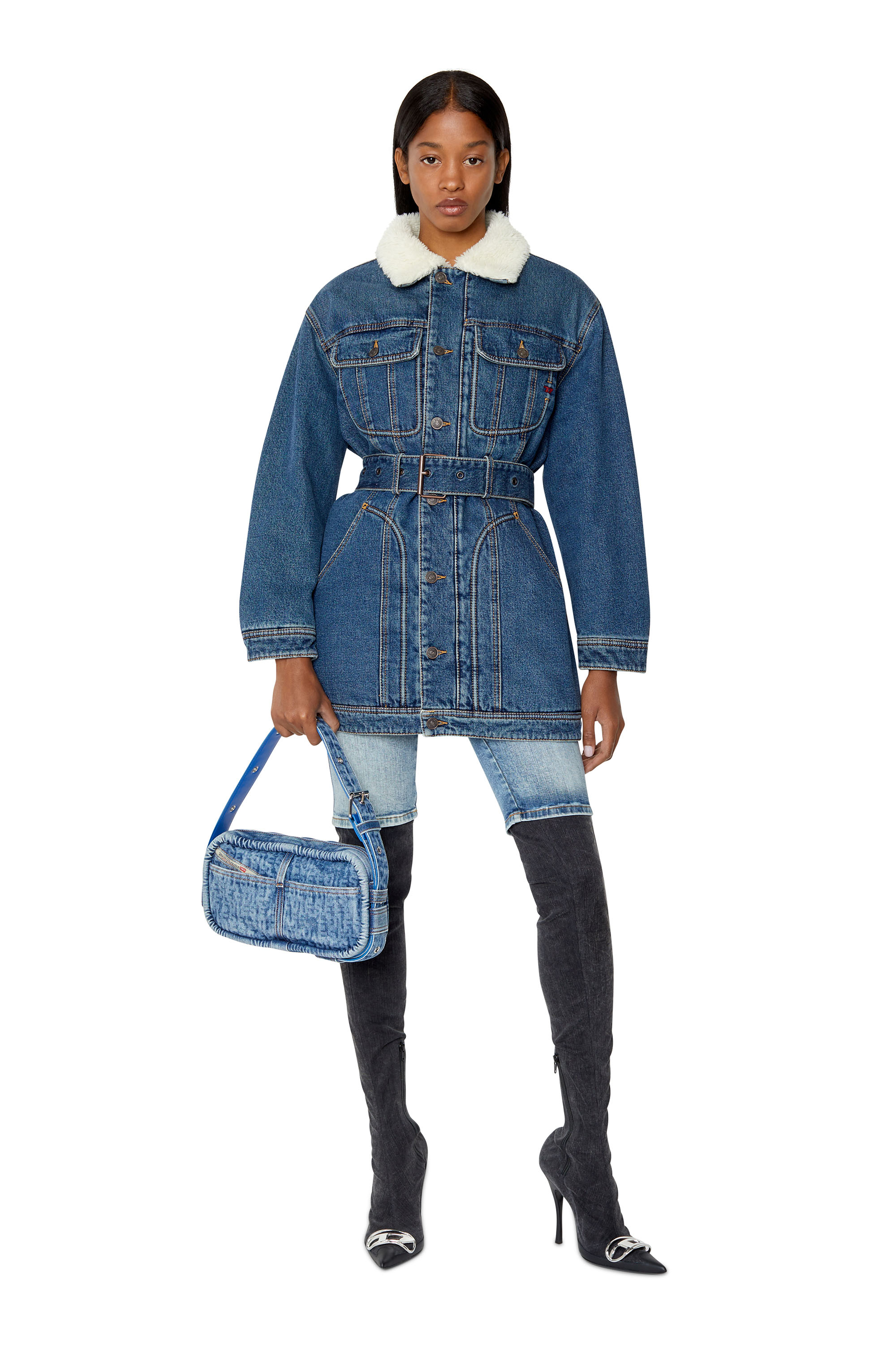 Diesel - DE-FLAMINIA-T, Woman's Teddy-lined trucker coat in Medium blue - 1