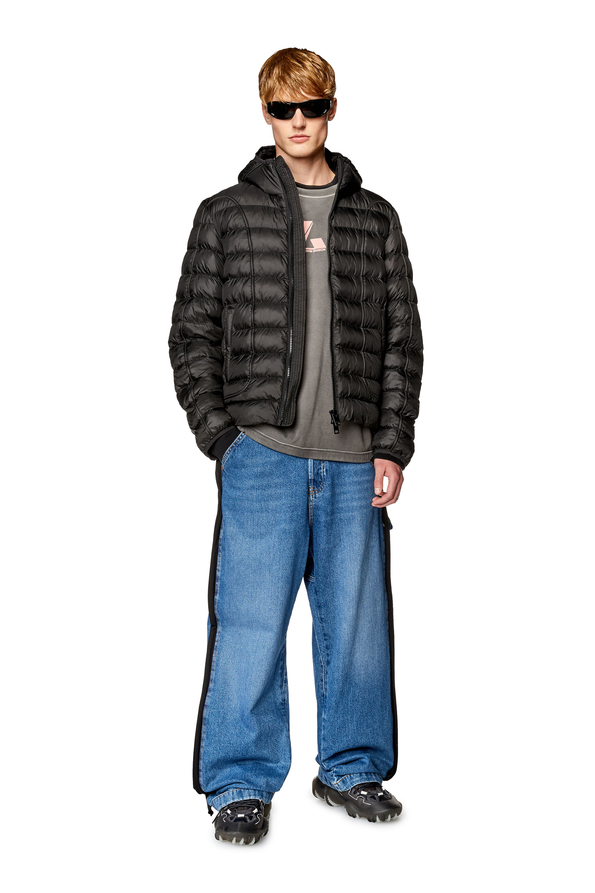 Diesel - W-SCOTTYS, Man's Hooded nylon puffer jacket with piping in Black - 2