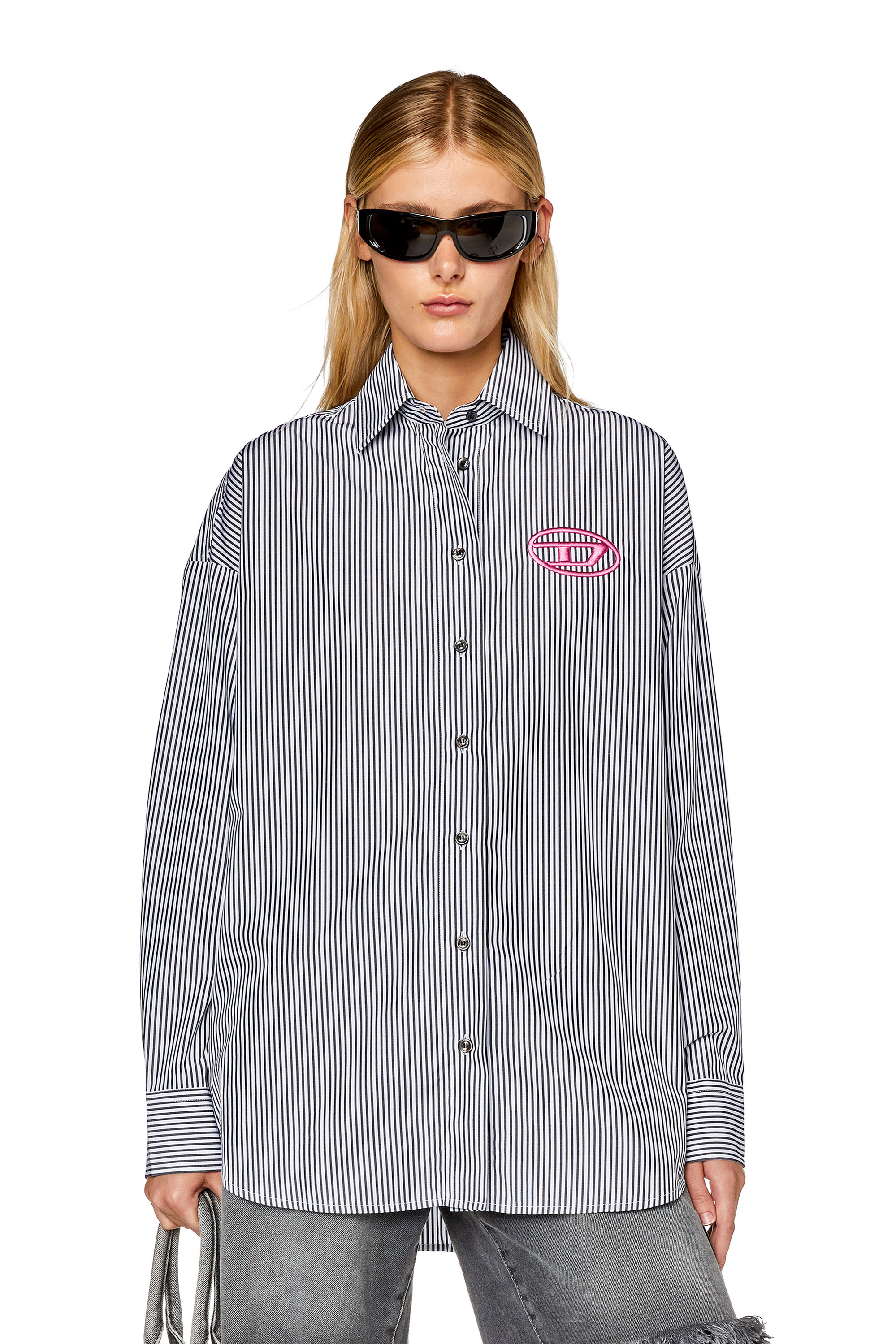 Diesel - C-DOU-STRIPE, Woman's Striped shirt with contrast embroidery in Black/White - 1