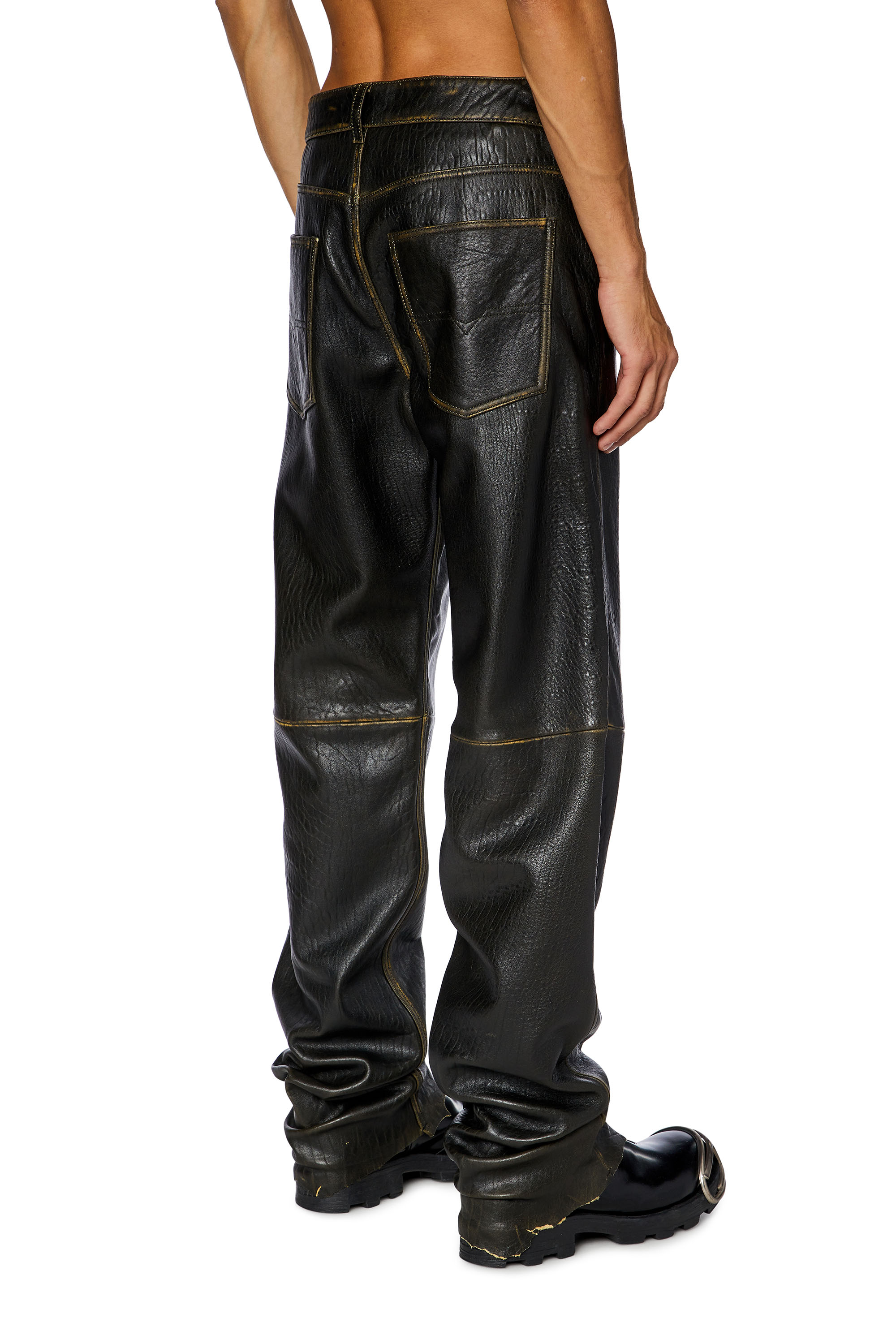 Diesel - P-KOOMAN, Man's Textured leather pants with logo cut-out in Brown - 4