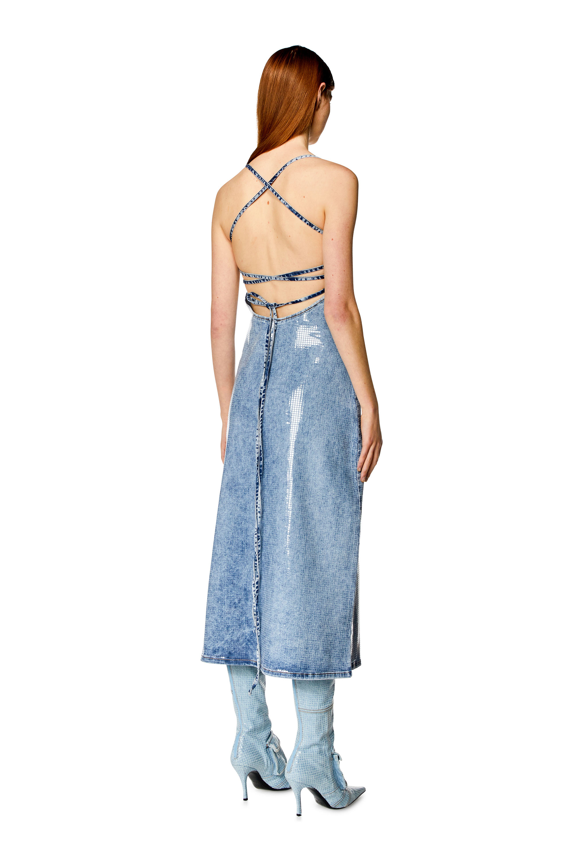 Diesel - DE-HELD-S, Woman's Strappy midi dress in sequin denim in Blue - 3