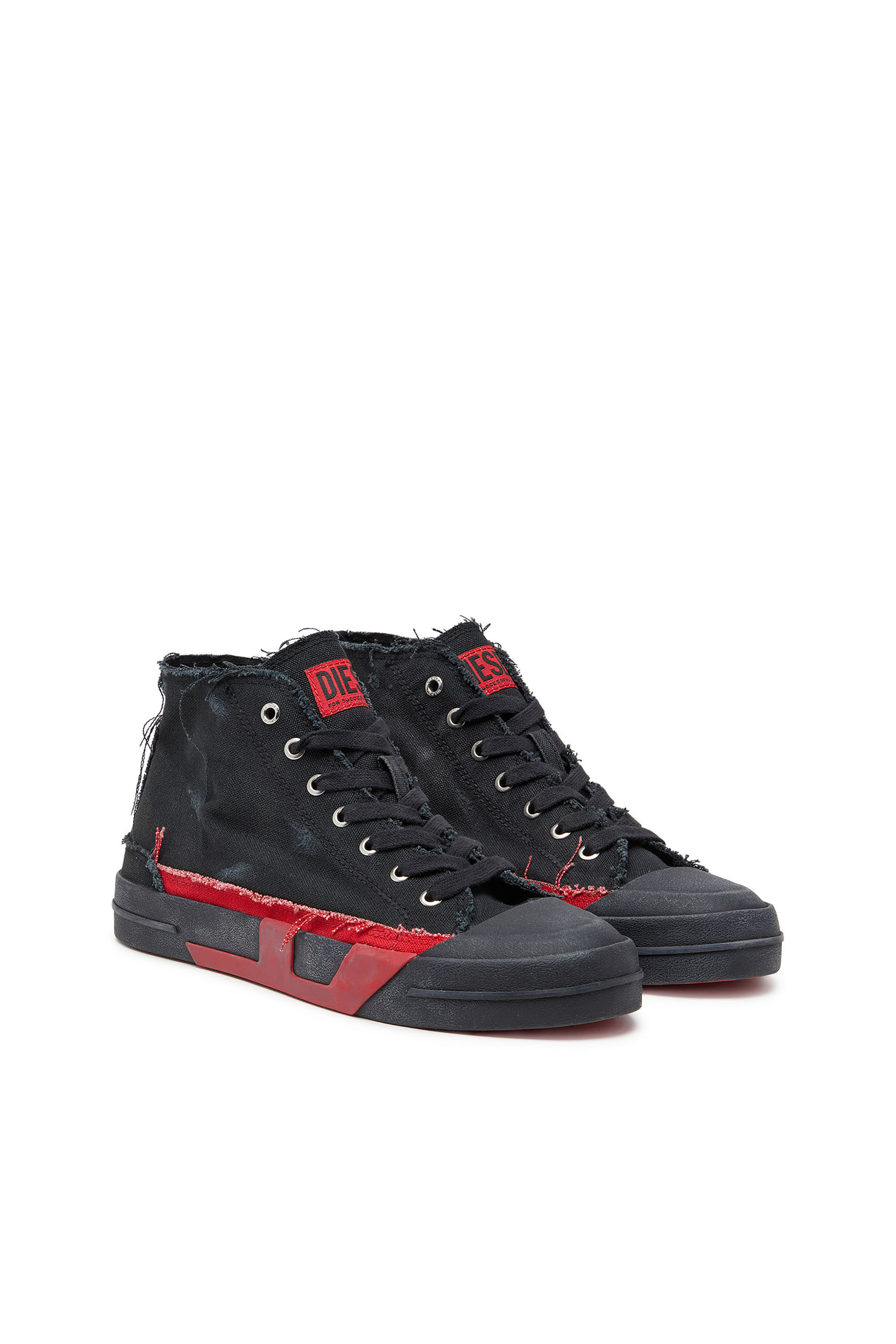 Diesel - S-D-VERSE MID II, Man's Distressed high-top sneakers in canvas in Black/Red - 2